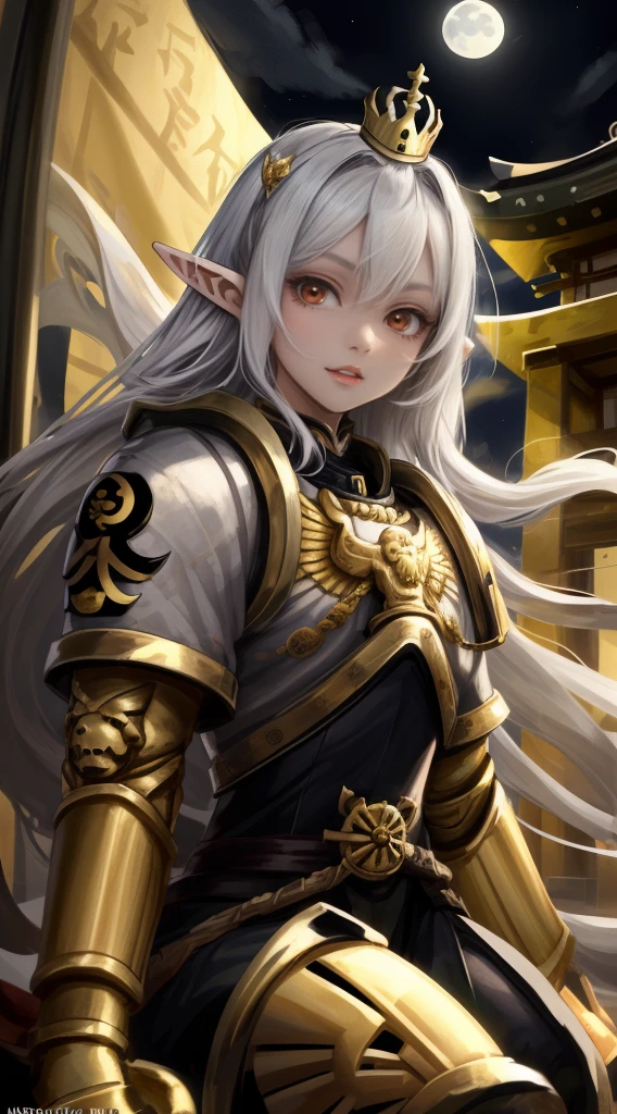 warhummer 40000, adepta sororitas, girl, 1 person, beautiful face, a beautiful face, the perfect face, sister battle, bolter, warhummer 40000 style, fair complexion, black elf woman around 19 years old, natural white hair, distinctive red ruby eyes, perfect eyes, golden crown, fair skin,, japanese temple, night, moon, moonlight, sake, drunk, grin, seductive look,