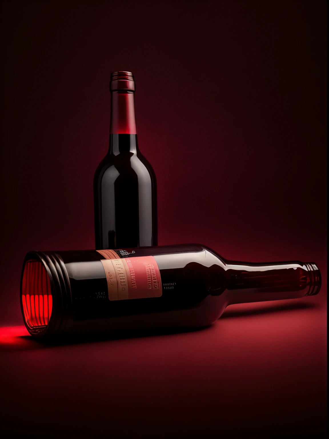 two red wine bottle, glass bottles, one standing, one laying in front, party light and night background, dim environment