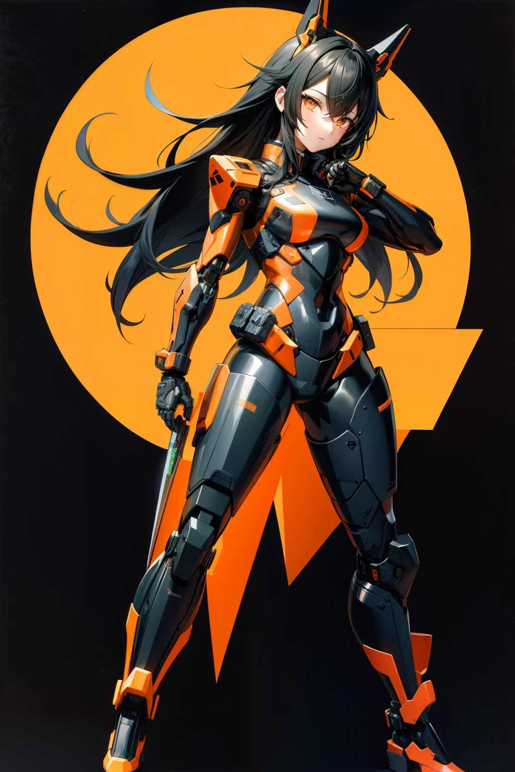 cute girl, Her hair is black, her eyes are black, and she wears orange combat gear, full body, sexy body, sexy