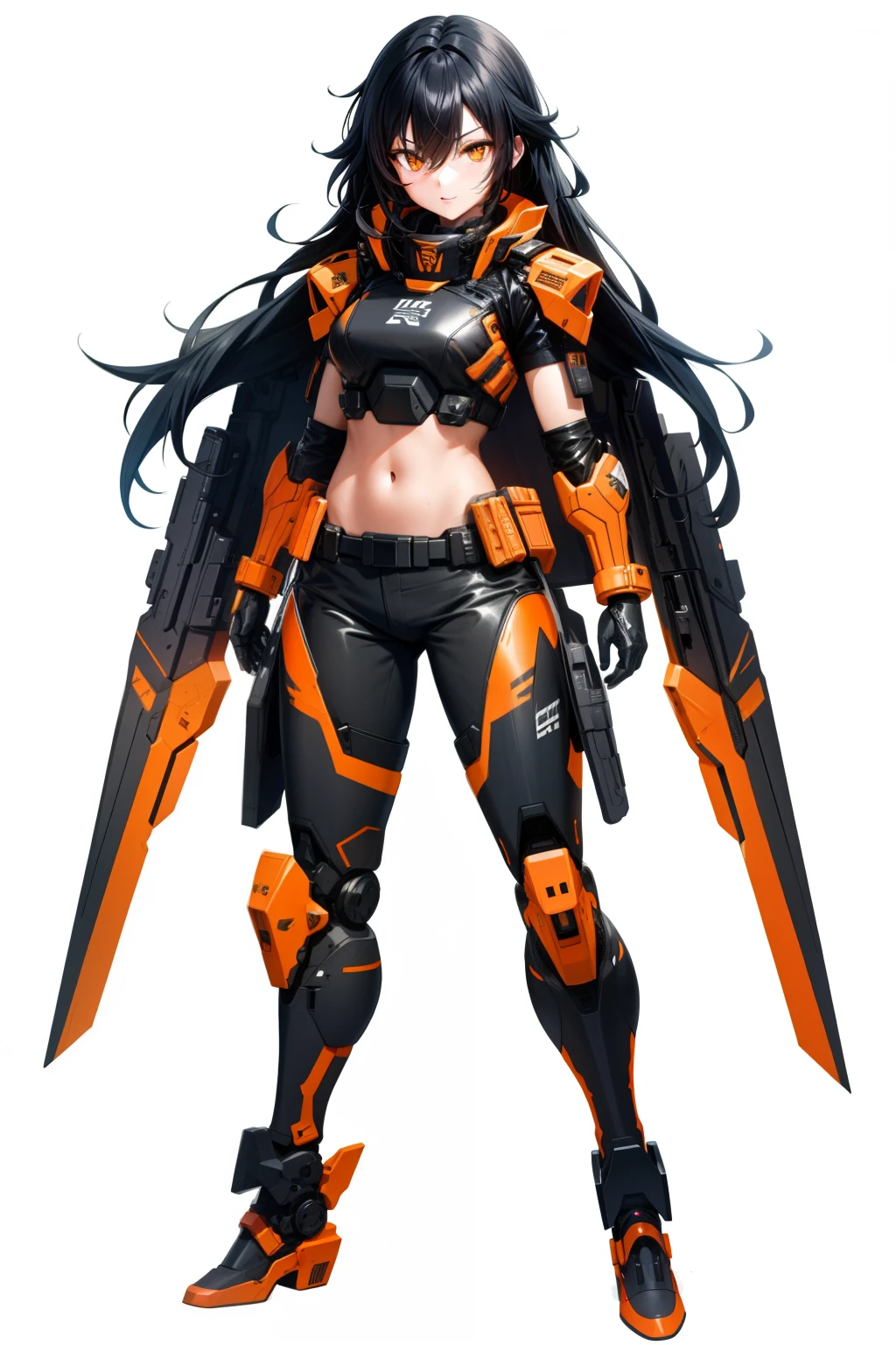 cute girl, Her hair is black, her eyes are black, and she wears orange combat gear, full body, sexy body, sexy