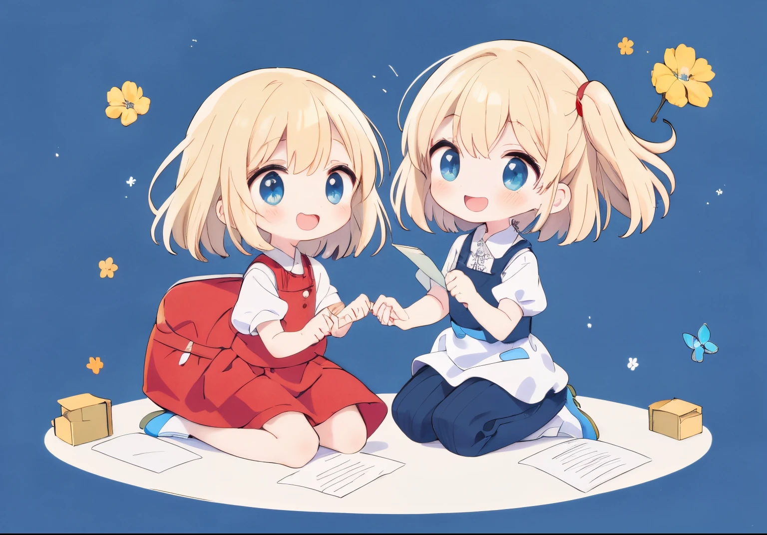 Best Quality, ultra-detailliert, image of a letter,flying notepaper background,children with letters,Two children, Gamine2In person, platinum-blonde-hair, Floating hair,Children showing smiles,from the front side, Near and far law