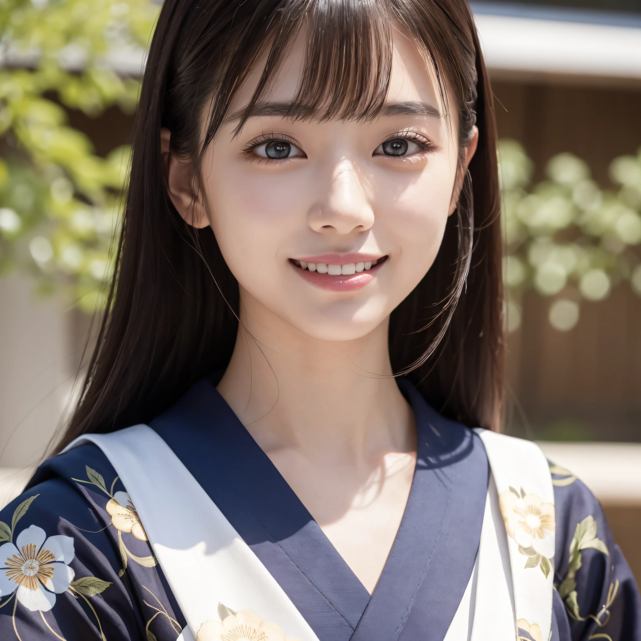 Beautiful woman in neat Japanese clothes、((best qualtiy、8k masterpieces:1.3))、foco nítido:1.2、(ultra beautiful faces:1.0)、(shinny skin:1.0)、photos realistic、A dark-haired、Video Lighting、High-definition eyes and face、Video Lighting、Japan Idol Actress、from the front side、medium breasts、Smile、Slender Abs Beauty、Whole body、In furisode