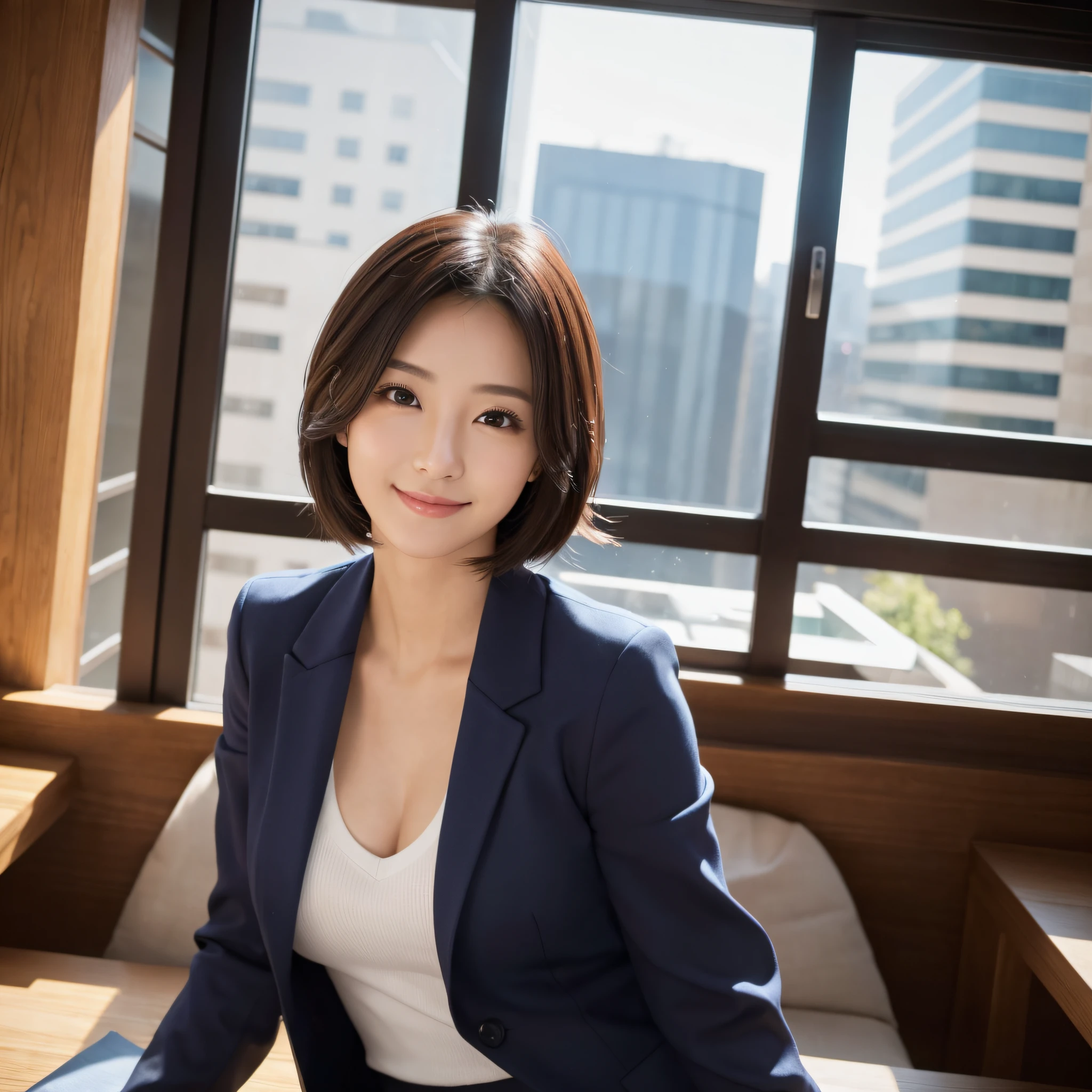 One super beautiful woman、((best qualtiy、8k masterpieces:1.3))、foco nítido:1.2、(ultra beautiful faces:1.0)、(shinny skin:1.0)、photos realistic、A dark-haired、Video Lighting、High-definition eyes and face、Japan Idol Actress、from the front side、medium breasts、Smile、Slender Abs Beauty、Whole body、wears a suit、wearing a shirts、In the office