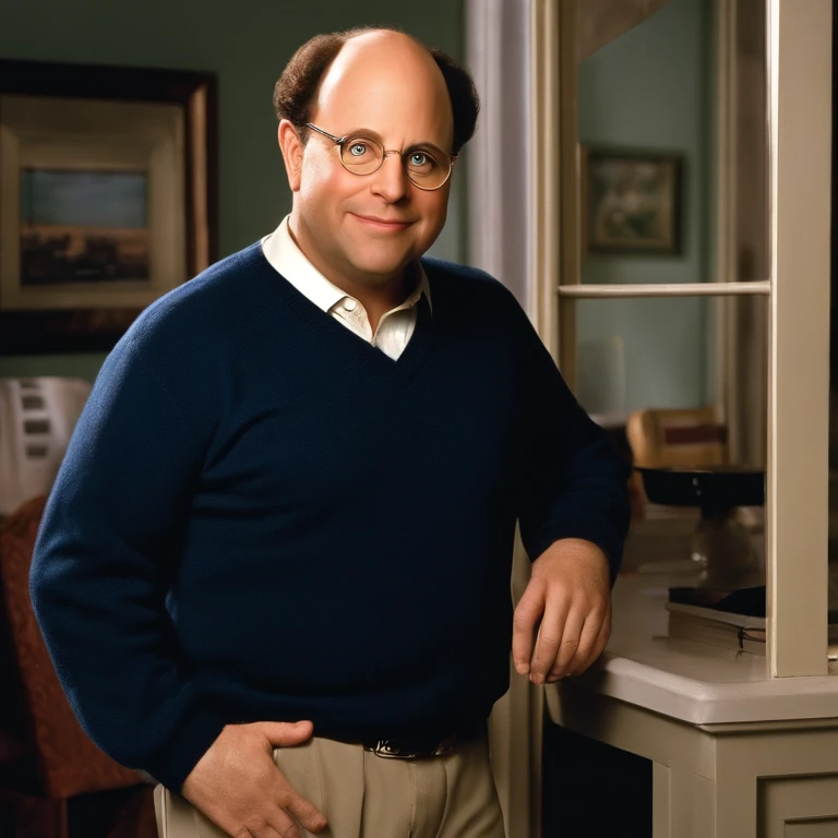 George Costanza, a fictional character from the television sitcom “Seinfeld,” is portrayed by actor Jason Alexander. He is characterized by his short, stocky frame, balding head, and typically dressed in simple, casual clothing like jeans and a collared shirt. ,Seinfeld TV Show,George Costanza, a fictional character from the television sitcom “Seinfeld,” is portrayed by actor Jason Alexander. He is characterized by his short, stocky frame, balding head, and typically dressed in simple, casual clothing like jeans and a collared shirt. , male,face,photo
