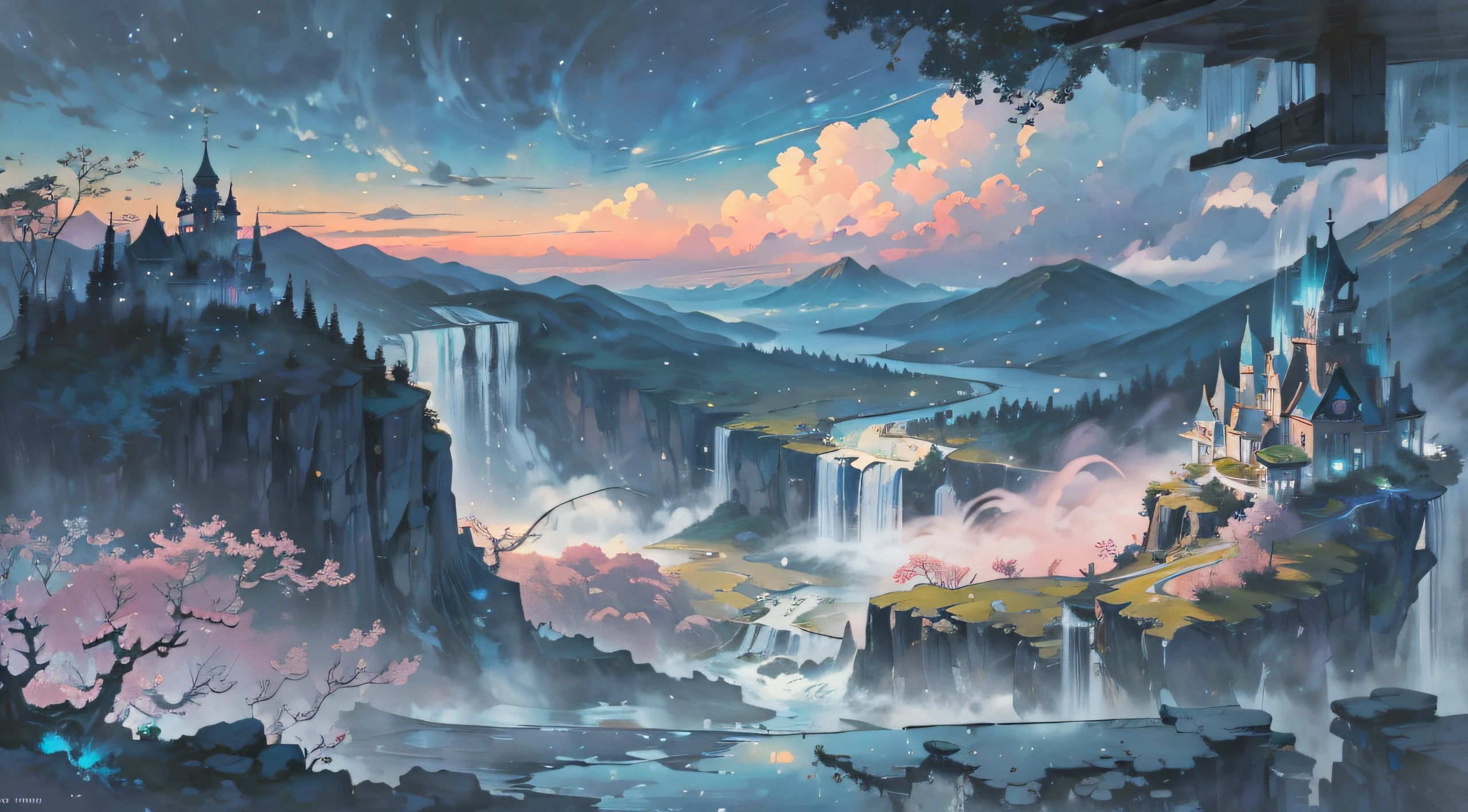 Imagine enchanting scenes in a vibrant dreamy romantic realm. The environment is full of intricate floating islands, Fluffy clouds, Waterfall pours down from floating island, and a vibrant, Surreal atmosphere. The atmosphere is filled with a sense of wonder and tranquility. Include various shades of pink as well as other vibrant jewel tones in your images. This scene will be depicted using anime style illustrations, with soft lines, pastelcolor, And a whimsical touch. All buildings are extremely detailed and elegant. The artwork will capture the ethereal beauty and serenity of dreams, Create a sense of harmony，Escape from the ordinary world. Add cyan water, Colorful watercolor sky, Luminescent elements, and many wonderful little details，including iridescence, Beautiful scenery, Sparkling. And most importantly, This should look like a fantasy artwork.