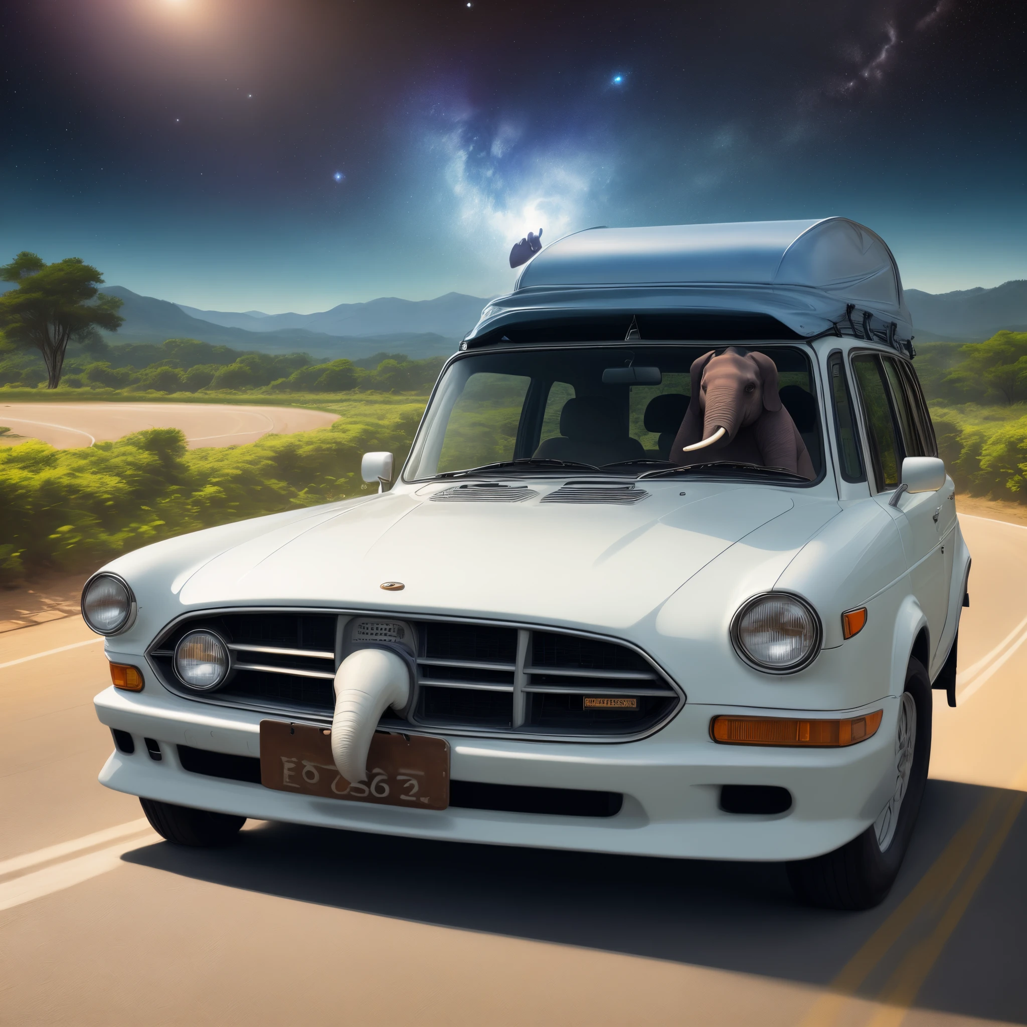 a elephant in car traveling to galaxy