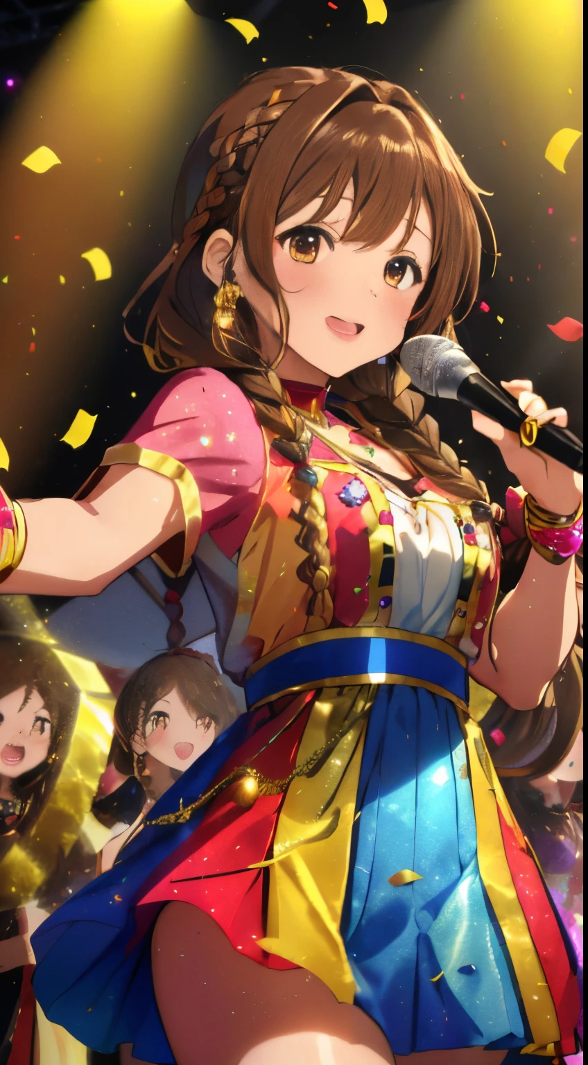 fluffy hair,((brown haired)),((Braided shorthair)),Slightly red tide,((Brown eyes)),(Live stage illuminated with colorful lights),((Golden confetti)),((lots of colored tape)),((Idol costume with fluffy volume)),(sing with a microphone decorated with ribbons),(little sweat),A soft and gentle smile,((Dancing while singing)),