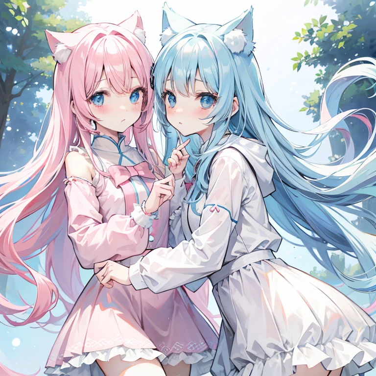 long pale pink and white twin tails,Blue, white and light blue clothes,I'm a cute and cute girl,Transfer Sisters,Looks very light and gentle、clear blue eyes、Pink cat ears