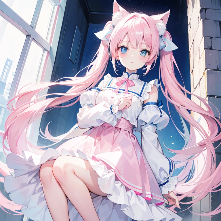 Cute with a girl cat ears、(Lonely 1.4)、Japanese anime style、Moe、(Big Picture 2.0)、Authentic and highly detailed body、petite、with a girl、Childish、10 years old、hair length、bangs、pink haired、Real and highly detailed face、Beautiful eyes that are real and highly detailed,、 Authentic and very delicate arms and hands、Real and highly detailed human hands(five fingers)、the most beautiful girl in the world、Delicate and beautiful pink cat eyes、real skin texture、generally、lolita、mini skirt、(Authentic and high-detail pink stockings 2.5)、(Authentic and highly detailed long boots 1.5)
