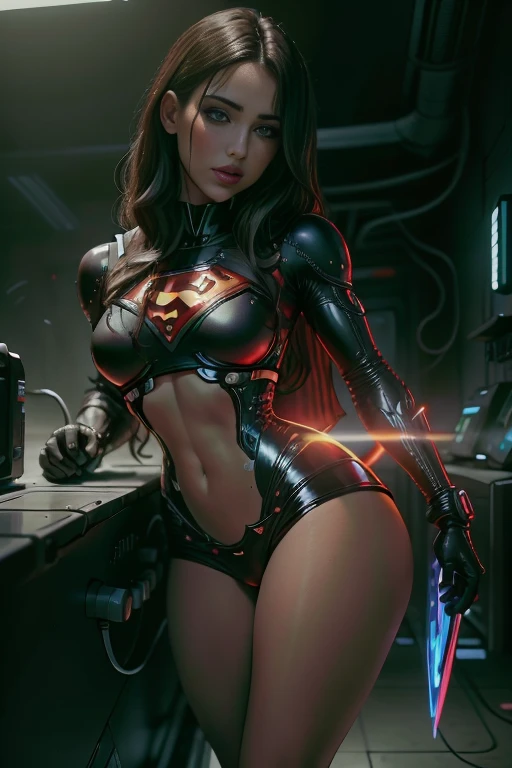 vestindo cosplay de Supergirl, capa vermelha, pelos loiro, red knee-high boots, Bela foto de corpo inteiro de Reika, Black latex bodyshuit, cabelo preto liso, scientific fiction, cidade cyberpunk ao fundo, gantz, No estilo de Cyberpunk 2077, rosto de foto ultra realista de uma bela mulher, obra-prima, melhor qualidade, CG, papel de parede, HDR, alta qualidade, highes definition, extremamente detalhado, {belo rosto detalhado}, {belos olhos detalhados}, (luz detalhada){{detalhe intrincado}}, {highres},  ((rosto detalhado)), rosto extremamente detalhado, rosto bonito, {{ jovem mulher}}, olhos de joia, luz neon, chiaroscuro, estilo anime, visual chave, detalhe intrincado, altamente detalhado, breath-taking, vibrante, cinematic adult film, 18+, Nsfw,