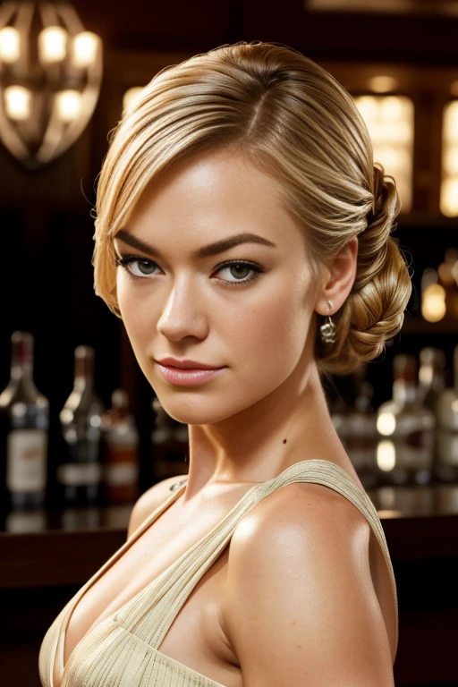 portrait photo of Yvonne Strahovski beautiful woman hair updo upsweep nightclub sitting at bar (masterpiece) (best quality) (detailed) (8k) (HDR) (wallpaper) (cinematic lighting) (sharp focus) (intricate)