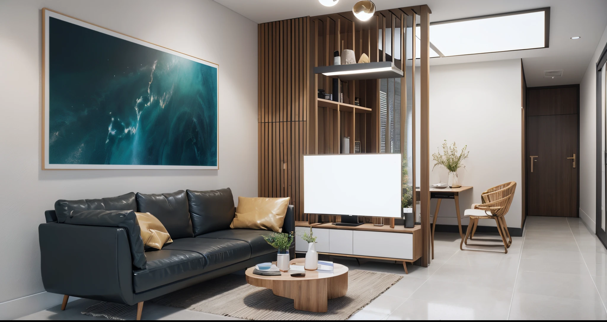 Morden space design, (((volumetric light:1.2))), (Masterpiece,best quality,8k uhd,dslr,soft lighting,high quality,hyper detail,film grain,Fujifilm XT3, UE 5 render 8k, super high resolution, supper detail:1.2), color block wall decor, abtract poster decor, glossy terazzo floor:1.3,OPEN POSE