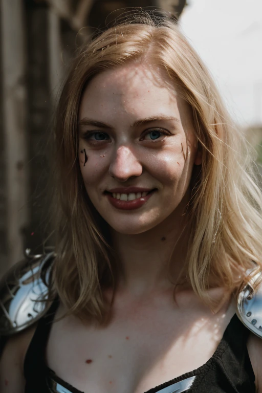 Ultra realistic photography of dbwl woman with (((many huge beauty marks on her) ) natural pale white skin)  , ((   (full body portrait)   )),  SFW,  ((wearing (chrome) [knight] ( armor))), 
,  
 ((fighting stance)),   natural (  (pale light blonde eyelashes) ), blue eyes, medieval background, sexy,
 detailed Natural pale white skin  with (((many huge round beauty marks))) , smile, (light pale blonde eyebrows),
 in frame,  happy, 
detailed, natural light blonde,  outdoors, sunny, high resolution, photograph, RAW photo, cinematic lighting, chr0me4rmor,