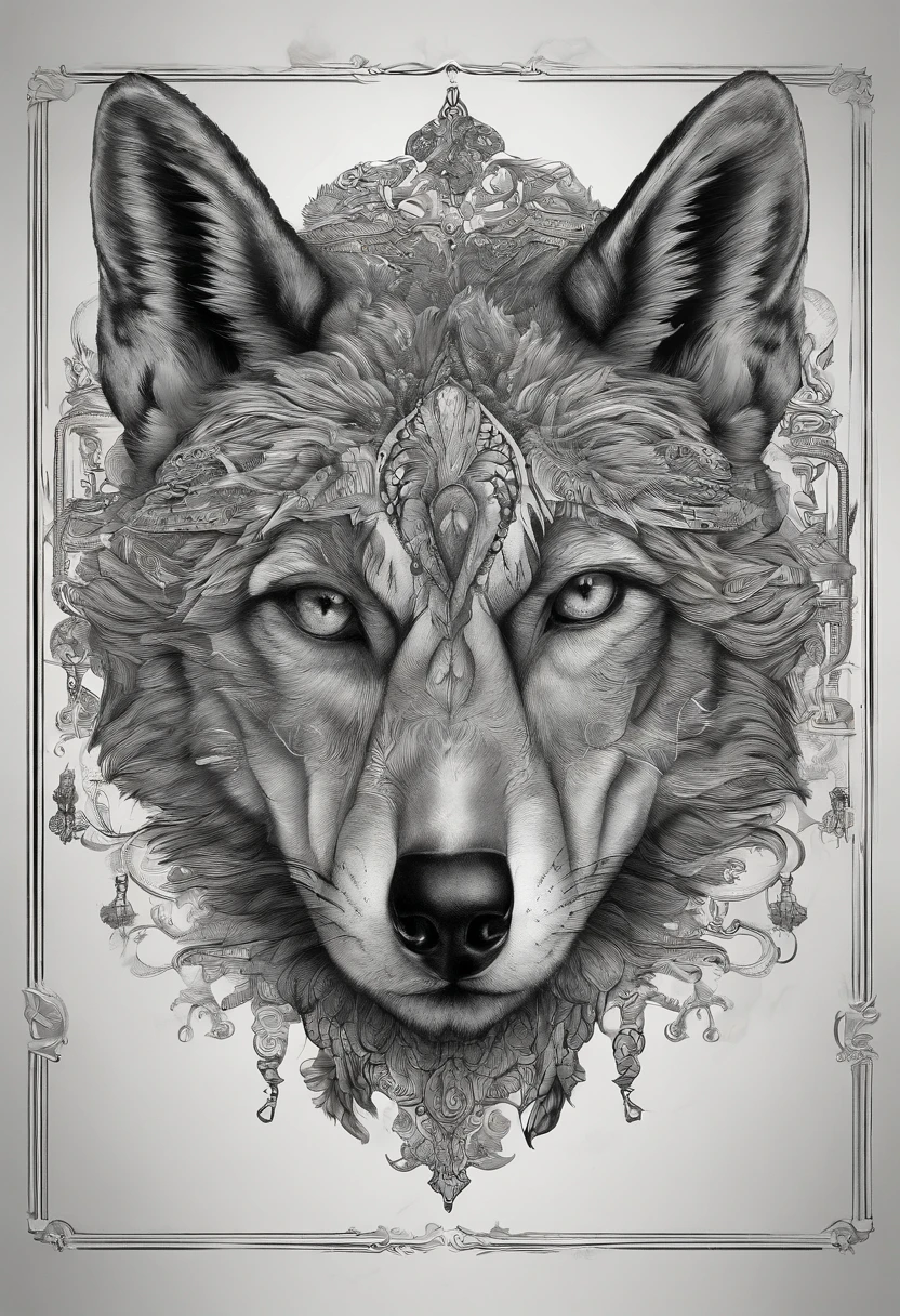 Loup réaliste black and gray tattoo art (((Yeux de rue))) avec effet d'esquisse d'éclaboussures d'encre ,Il ouvrit la bouche et dit,,、Il a l'air très en colère