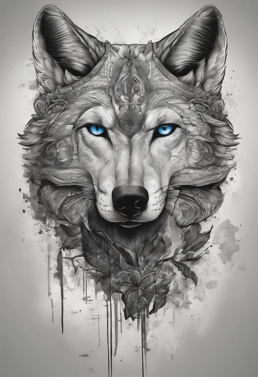 Loup réaliste black and gray tattoo art (((Yeux de rue))) avec effet d'esquisse d'éclaboussures d'encre ,Il ouvrit la bouche et dit,,、Il a l'air très en colère