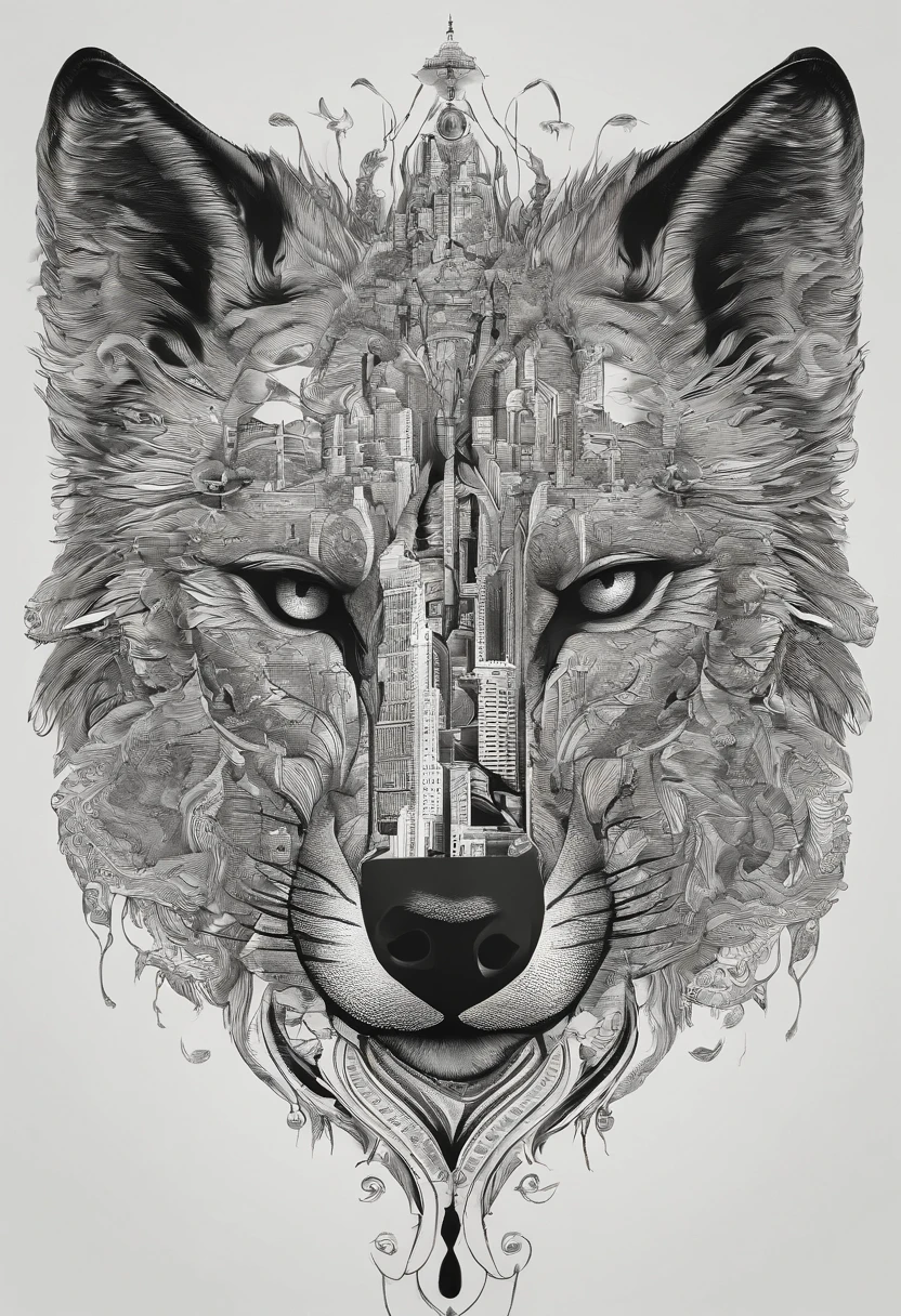 Loup réaliste black and gray tattoo art (((Yeux de rue))) avec effet d'esquisse d'éclaboussures d'encre ,Il ouvrit la bouche et dit,,、Il a l'air très en colère