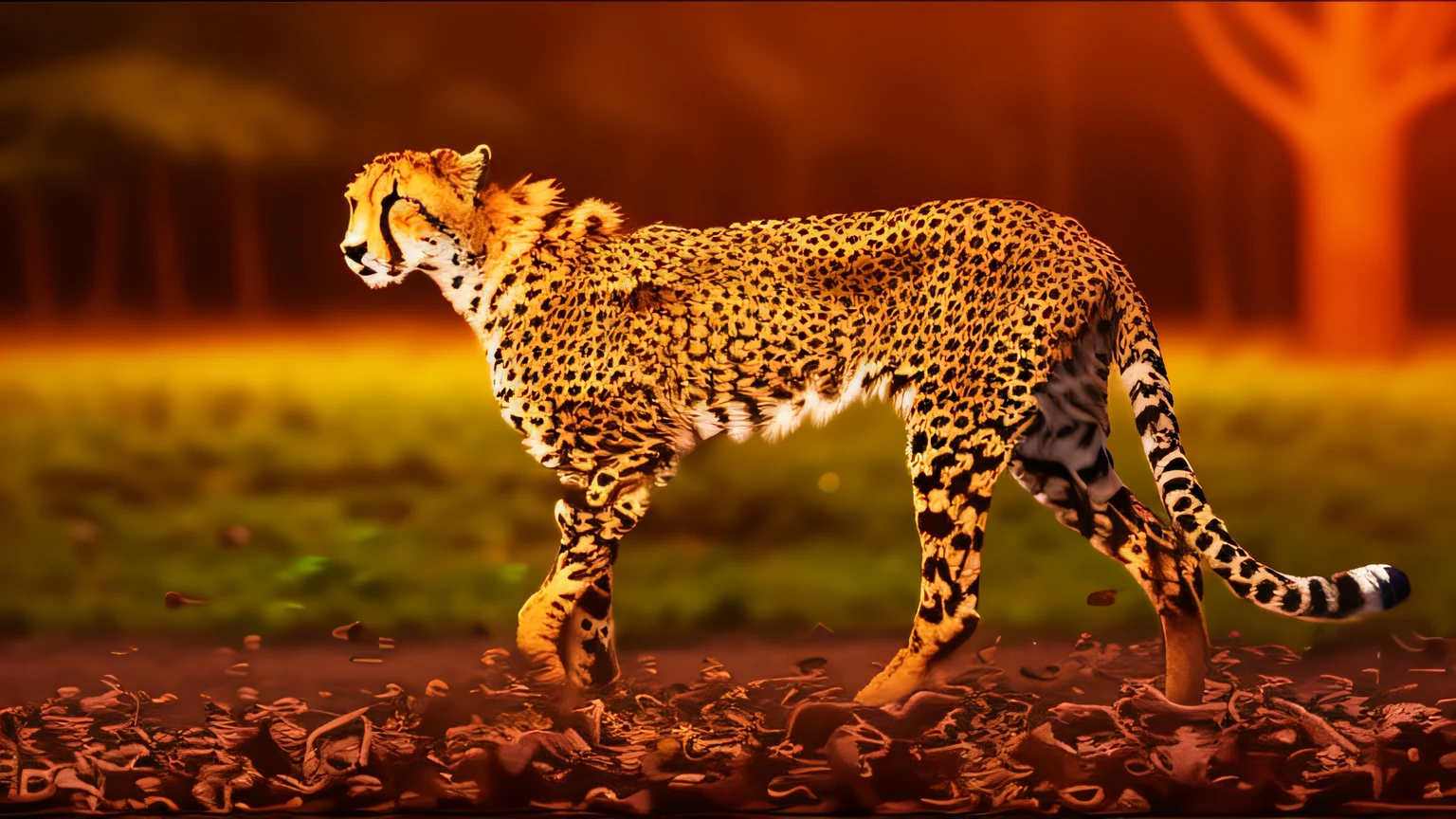 cheetah walking , wildlife , wildlife documentry, national geographic, jungle in background, trees background,neon light effect