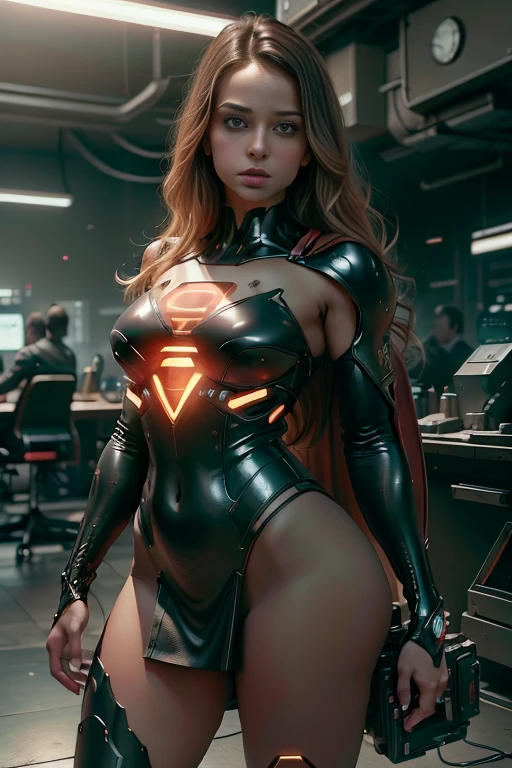 vestindo cosplay de Supergirl, usando uma capa vermelha, cabelo loiro, Bela foto de corpo inteiro , Black latex bodyshuit, cabelo preto liso, scientific fiction, cidade cyberpunk ao fundo, gantz, No estilo de Cyberpunk 2077, rosto de foto ultra realista de uma bela mulher, obra-prima, melhor qualidade, CG, papel de parede, HDR, alta qualidade, highes definition, extremamente detalhado, {belo rosto detalhado}, {belos olhos detalhados}, (luz detalhada){{detalhe intrincado}}, {highres},  ((rosto detalhado)), rosto extremamente detalhado, rosto bonito, {{ jovem mulher}}, olhos de joia, luz neon, chiaroscuro, estilo anime, visual chave, detalhe intrincado, altamente detalhado, breath-taking, vibrante, cinematic adult film, 18+, Nsfw,