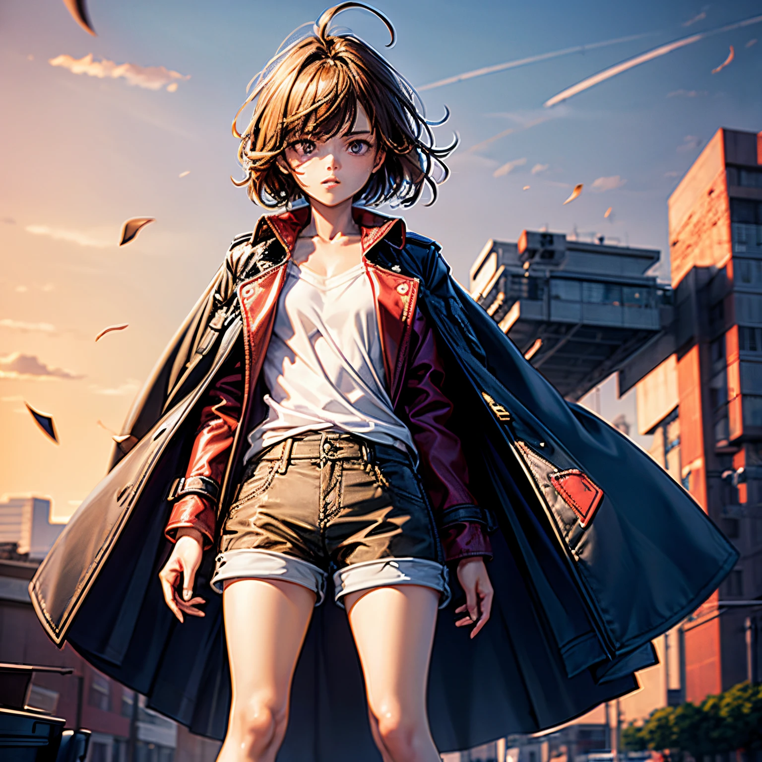 1 girl, full bodyesbian, Full-body image, Crimson trench coat, white shirt, Dark blue cargo shorts, Cool girl,The chest is very flat, Very young girl, A girl around , Yellow-brown hair,, asymmetricalbangs, expressive hair, Medium hair, Hair flakes, Pointed hair, actual, 8K, super detailing, hyper HD, tmasterpiece, Anatomically correct, super detailing, high high quality, Best quality