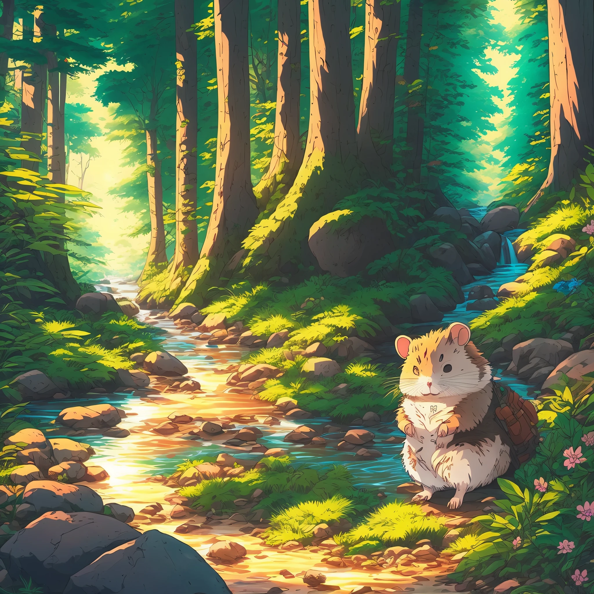 Japanese cartoon, Ghibli-style colors, style of anime, hyper HD, Anatomically correct, ctextured skin, high detal, high qulity, A high resolution,SOLO,A hamster,Dressed in jungle adventurer gear,A walk in the woods at dusk,There is a stream in the woods