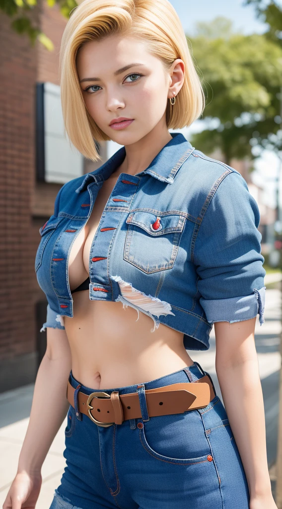 masterpiece, best quality, ultra-detailed, absurdres, Potrait of beautiful Android18DB, solo, denim, breasts, belt, medium_breasts, outdoors, torn_clothes, volumetric lighting, best quality, masterpiece, intricate details, tonemapping, sharp focus, hyper detailed, trending on Artstation,