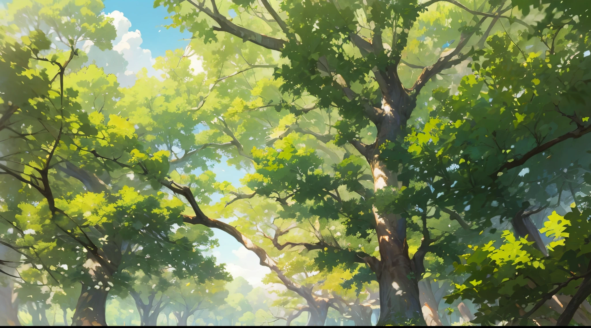 (ghibli style background illustration), sky, trees in a park with sun shining through the leaves, stunning image, tall broad oaks, oak trees, elm tree, the treetops of giant oaks, nature trees, oak tree, large trees, stunning visual, large tree, big oak trees, linden trees, trees with lots of leaves, lush trees, beautiful image, trees outside, green trees,