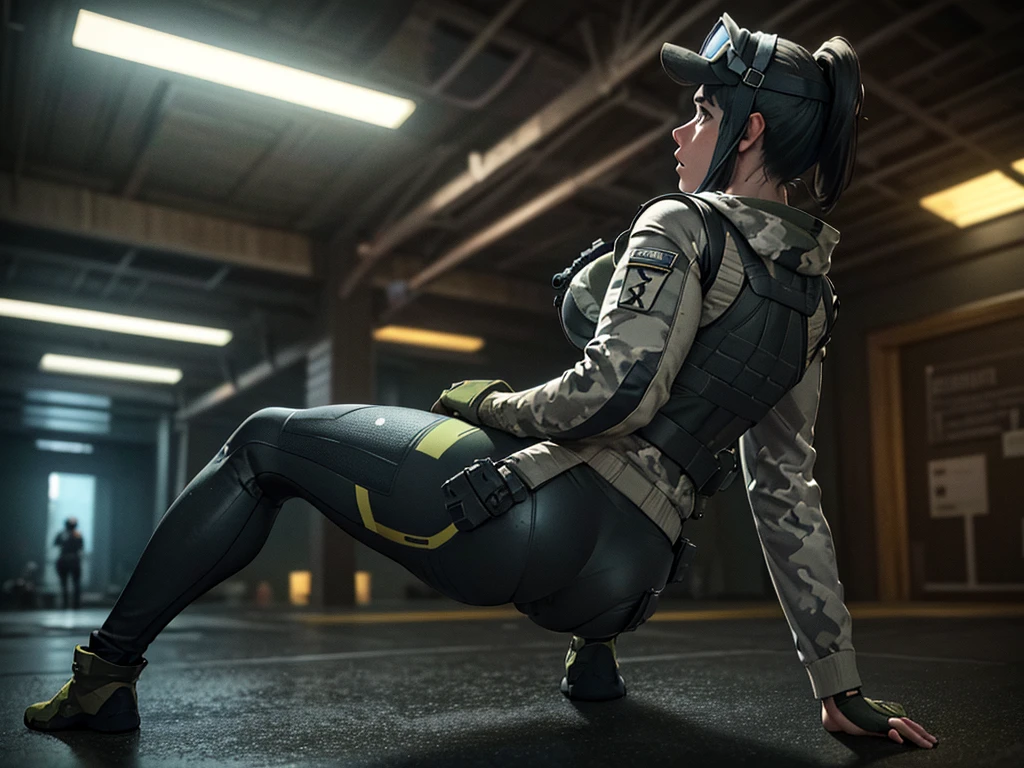 beautiful girl, cap, ponytail hair, snickers, sniper rifle, (((1girl))), full body, gloves, tactical, sport jacket, night vision goggles, one-piece swimsuit outfit, black hair, high resolution, sharp image, leggins, from the back, desert (camouflage:1.3), Military uniform, warship in the background,
((Best quality)), ((masterpiece)), (highly detailed:1.3), Depth-of-field, Multi-layered textures,(Hyperrealistic), HDR (High Dynamic Range), Ray Tracing, NVIDIA RTX,Unreal 5, Subsurface scattering, PBR Texturing, Post-processing,
Anisotropic Filtering, Maximum clarity and sharpness, Wide aperture, Low ISO, White balance, Rule of thirds,8K RAW, ((extremely slutty)), beach, navy seal,