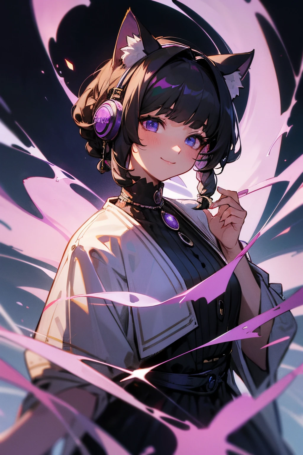 high-level image quality　4K　8K　Very high quality　illustratio　Transparency　Fantastic and beautiful　cat ear　A dark-haired　amethyst　Beautiful ornaments　bob cuts|Shaggy cut|Curly hair|Sleek pixie cut|High top knot with twist braids|Voluminous updo|Undercut}smil　jewelry headphones