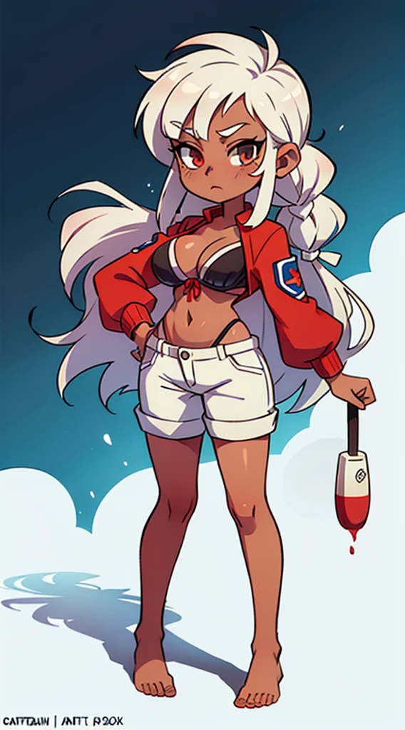 full body, barefoot, 1girl, ((milf)), ((dark skin)), white hair, slingshot bikini, (masterpiece, best quality), intricate details, 8k, artstation, wallpaper, official art, splash art, sharp focus, 1girl, Nakiri Ayame, long hair, braids, white hair, sovietForm