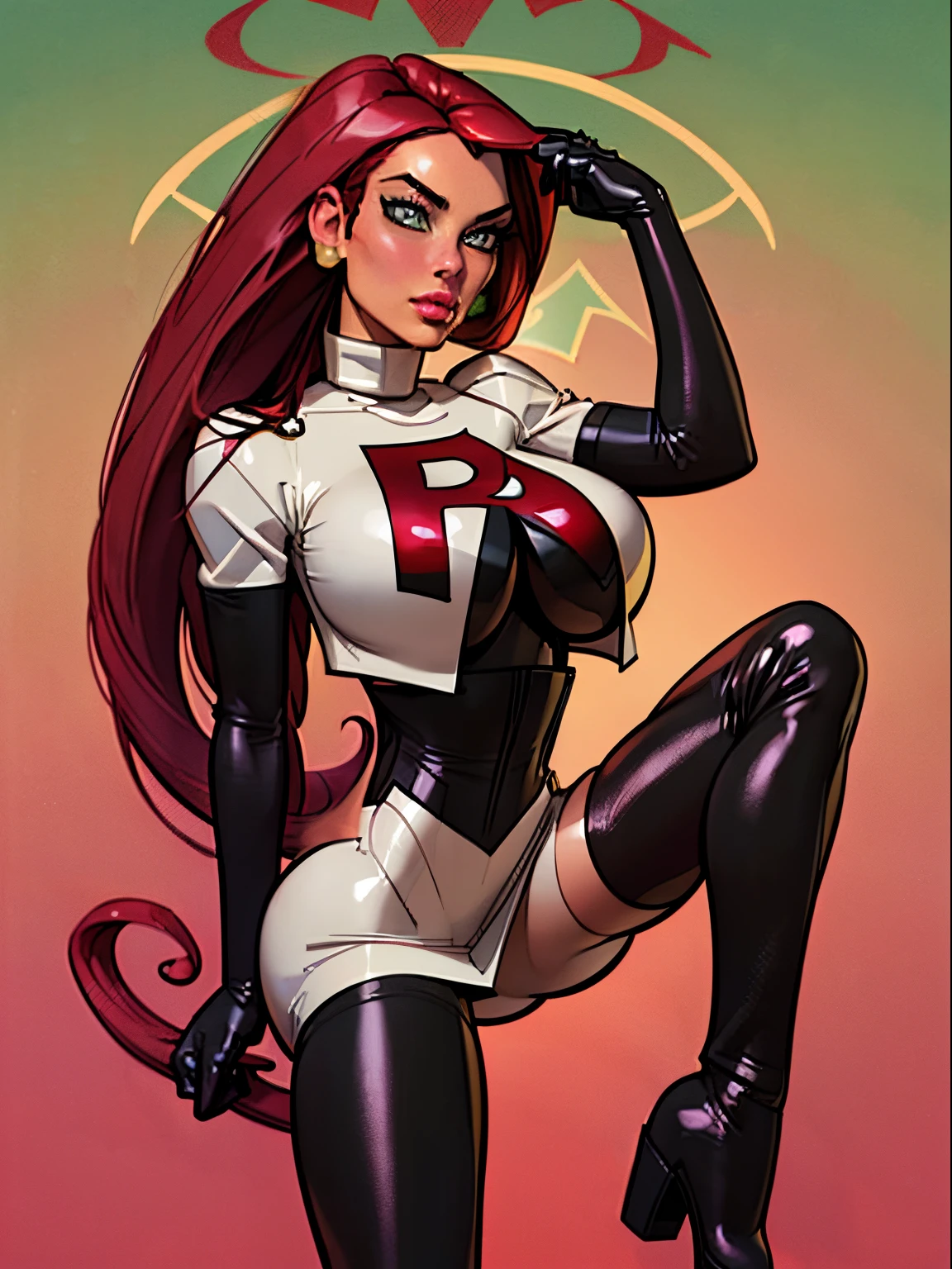 1girl, busty brunette comic book woman, gorgeous face, masterpiece, beautiful, high quality, high definition, superb quality, highly detailed, insane detail, hands on hips, happy, smiling, sexy pose, hand on hip, long hair, huge ponytail, slim, thin, athletic, womanly, rubbery, elastic woman, (modest red spandex with white panels on sides, red and white morph suit, tight top), rubber body, brunette, (((gigantic breasts, gigantic boobs, massive tits, slim waist, overflowing breasts, too big for her top))), city, soft lighting, natural lighting, natural color, heroic, cheerful, (bold nose, hawkish facial features),