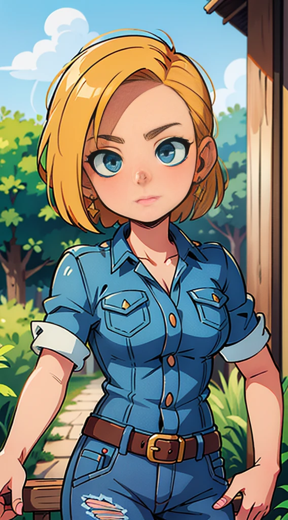 masterpiece, best quality, ultra-detailed, absurdres, Potrait of beautiful Android18DB, solo, denim, breasts, belt, medium_breasts, outdoors, torn_clothes, volumetric lighting, best quality, masterpiece, intricate details, tonemapping, sharp focus, hyper detailed, trending on Artstation,