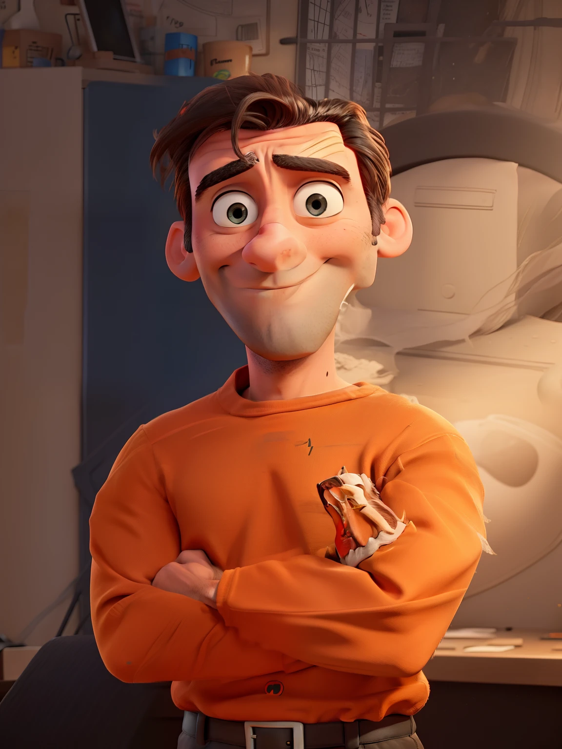 Jon Hamm, Cartoons in orange shirt and black pants, arms crossed, olhando para frente e sorrindo com os dentes aparecendo;