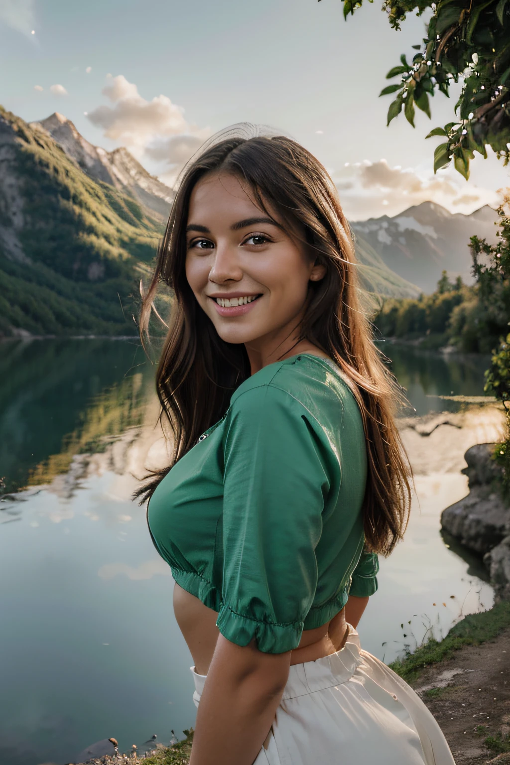 Garota com cabelo castanho claro, quase louro, lindo sorriso, olhos verdes, bela paisagem europeia ao fundo, lago, montanhas, setting sun, European Summer, Romantic mood, Very high resolution, ultrarealismo