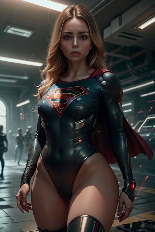 vestindo cosplay de Supergirl, usando uma capa vermelha, cabelo loiro, com s do Superman no peito, Bela foto de corpo inteiro , Black latex bodyshuit, cabelo preto liso, scientific fiction, cidade cyberpunk ao fundo, gantz, No estilo de Cyberpunk 2077, rosto de foto ultra realista de uma bela mulher, obra-prima, melhor qualidade, CG, papel de parede, HDR, alta qualidade, highes definition, extremamente detalhado, {belo rosto detalhado}, {belos olhos detalhados}, (luz detalhada){{detalhe intrincado}}, {highres}, ((rosto detalhado)), rosto extremamente detalhado, rosto bonito, {{ jovem mulher}}, olhos de joia, luz neon, chiaroscuro, estilo anime, visual chave, detalhe intrincado, altamente detalhado, breath-taking, vibrante, cinematic adult film, 18+, Nsfw,