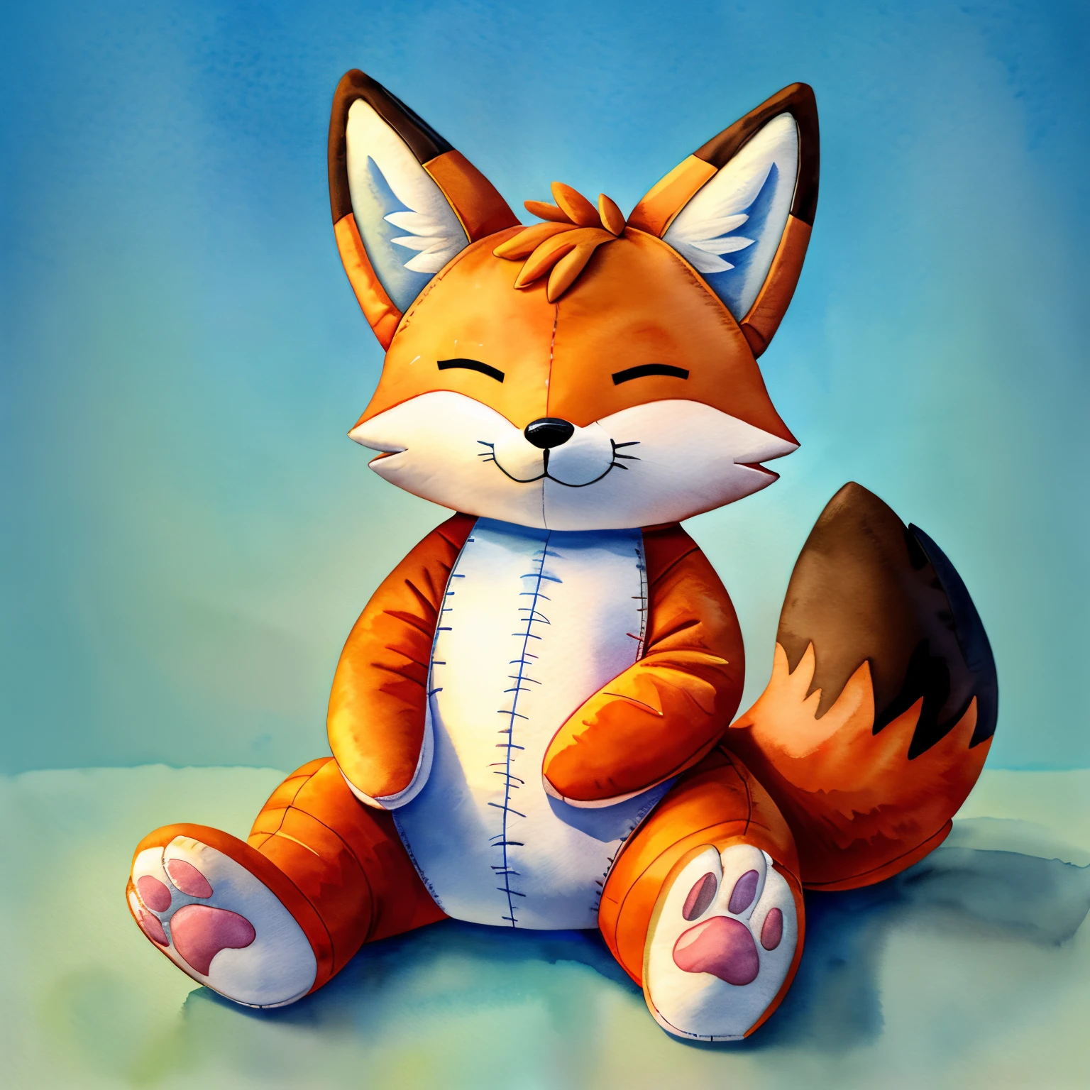 plushieStyle, best quality, masterpiece, high res, absurd res, solo, furry, anthro, (fox:1), looking at viewer, (genki eyes, (eyes closed)), nude, plushie, stitching, sewing, paw hands, paw feet, paws, looking at viewer, simple background, watercolour painting, painting