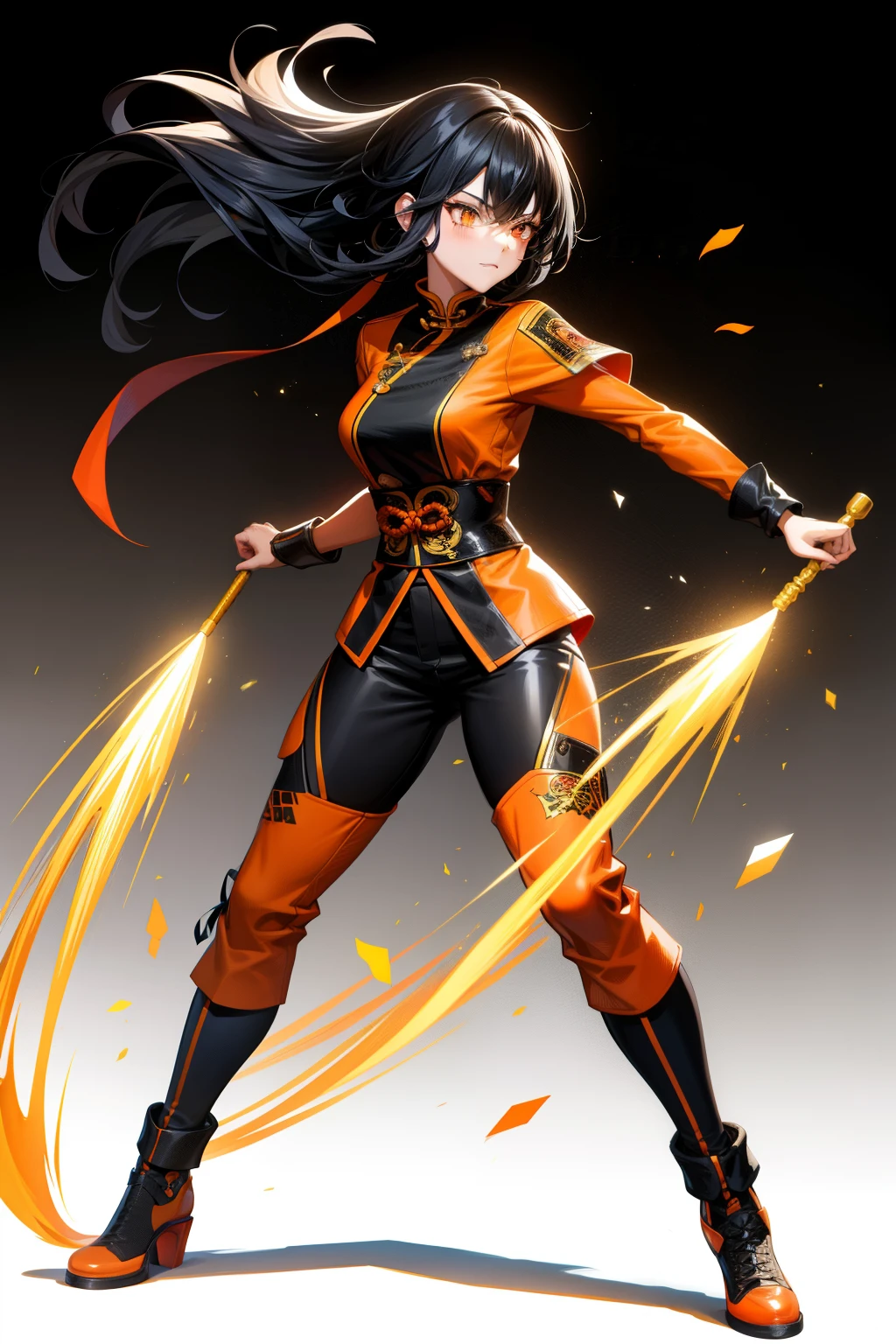 cute girl, Her hair is black, her eyes are black, and she wears orange combat gear, full body, sexy body, sexy, Kungfu clothes, old clothes, Combat movement
