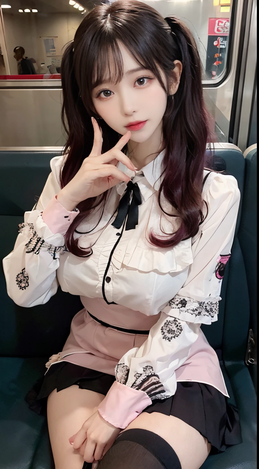 Korean Beauty，Sitting on the train，（（（tmasterpiece）））， （（best qualtiy））， （（intricate detailes））， （（Ultra-realistic realism））， Ridiculous resolution， A MILF， Mature Woman， ighly detailed， illustratio， 1girll，（（Large breasts））， perfect hand， Detailed finger， Beautiful detailed eyes， Lowered twin tails， Colored inner hair， Very long black hair, Very bright pink hair， with brown eye， Name badge， （ Korean style long sleeve dark pink ruffle lace up pleated skirt， Black knee-high socks:2.2），detailedbackground， perfect  eyes， mesmerizing eyes，Slightly open mouth, ((Ephemeral Girl:1.2))