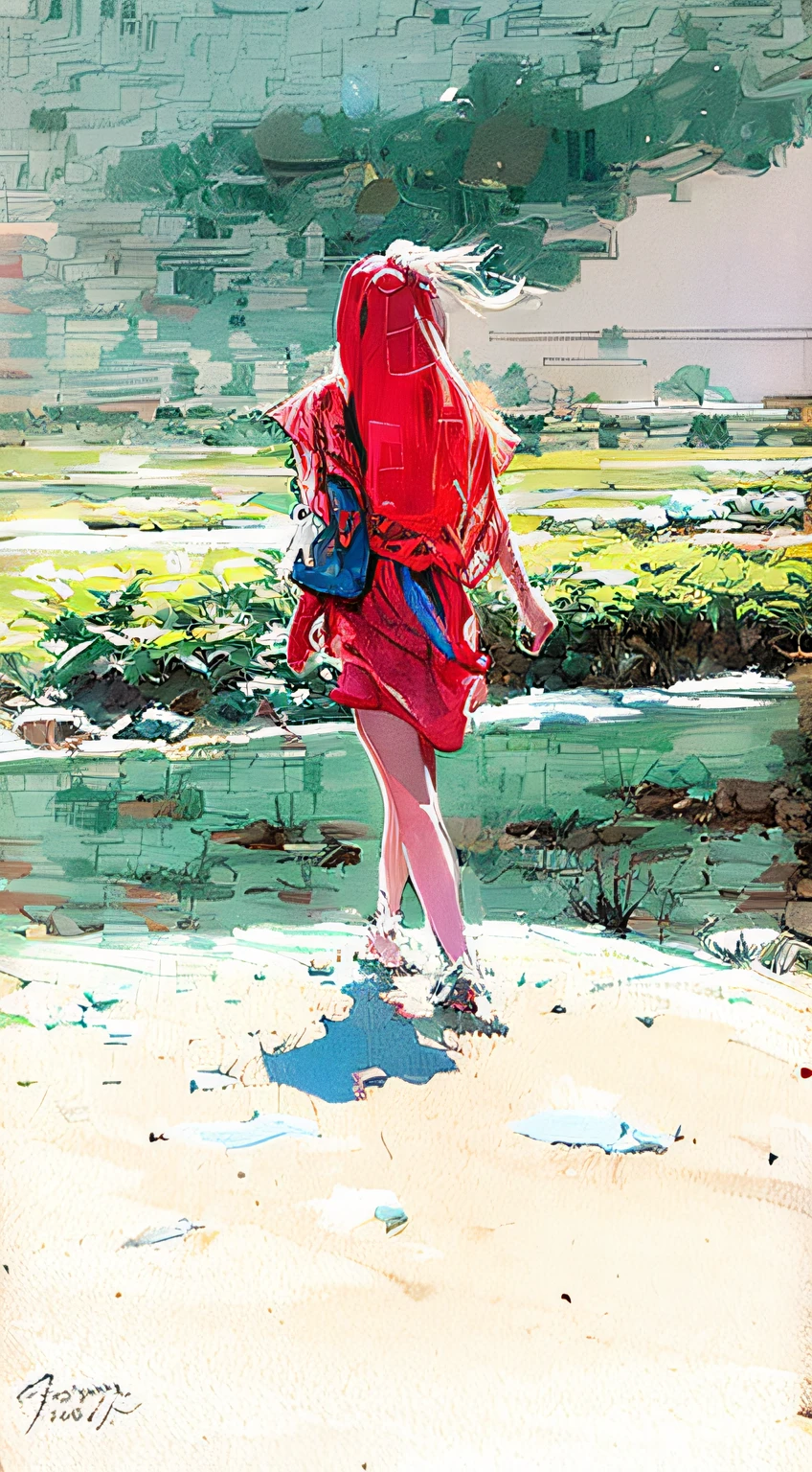 there is a woman walking on the snow, posterized color, walking on a road in snowfall wearing long red frock , digital art but photo