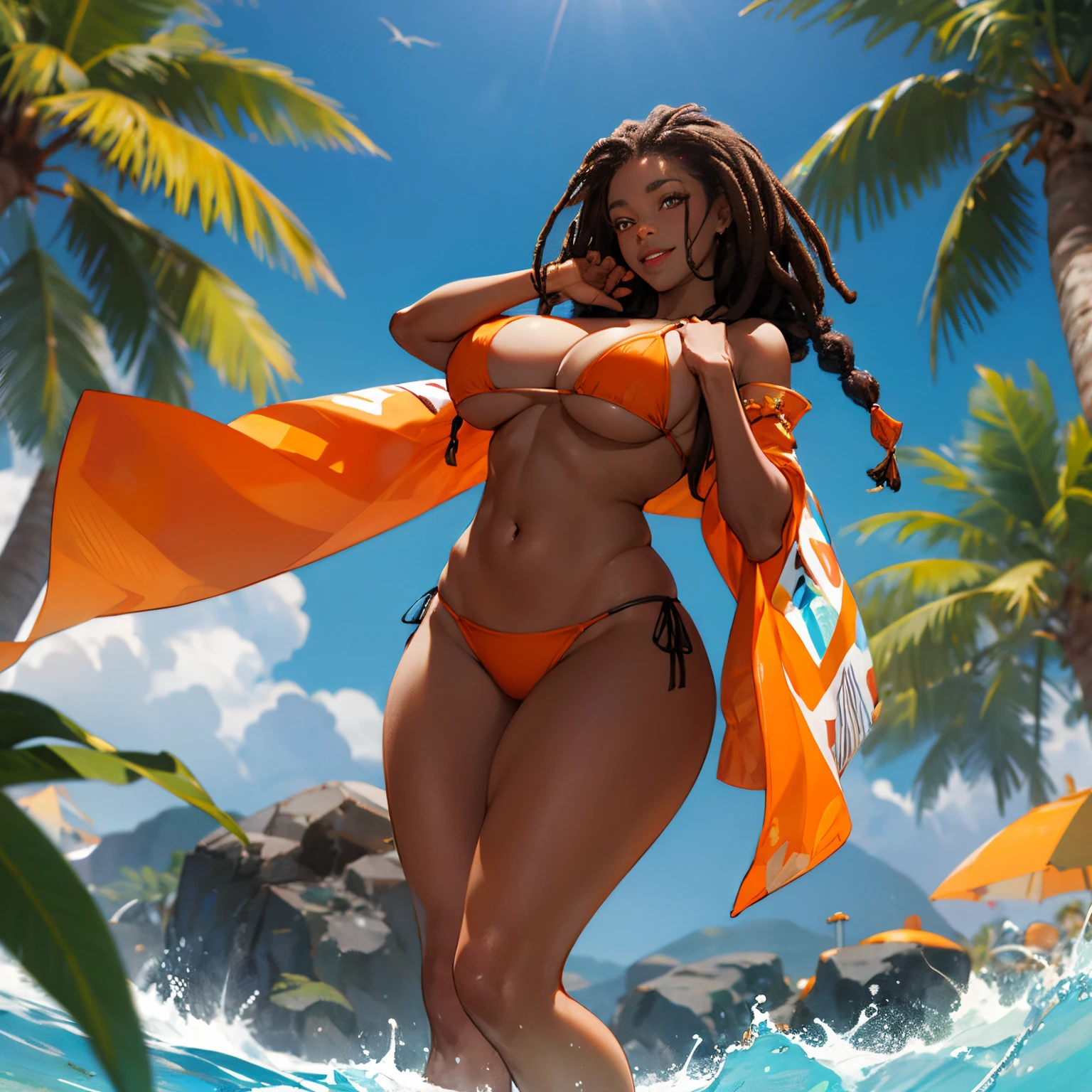 dark-skinned female, Bikini orange., poitrine, gros seins, voluptueux, thick thighs, Oppai, hanches larges, Sinueuse, gros cul, cul massif, dreadlocks