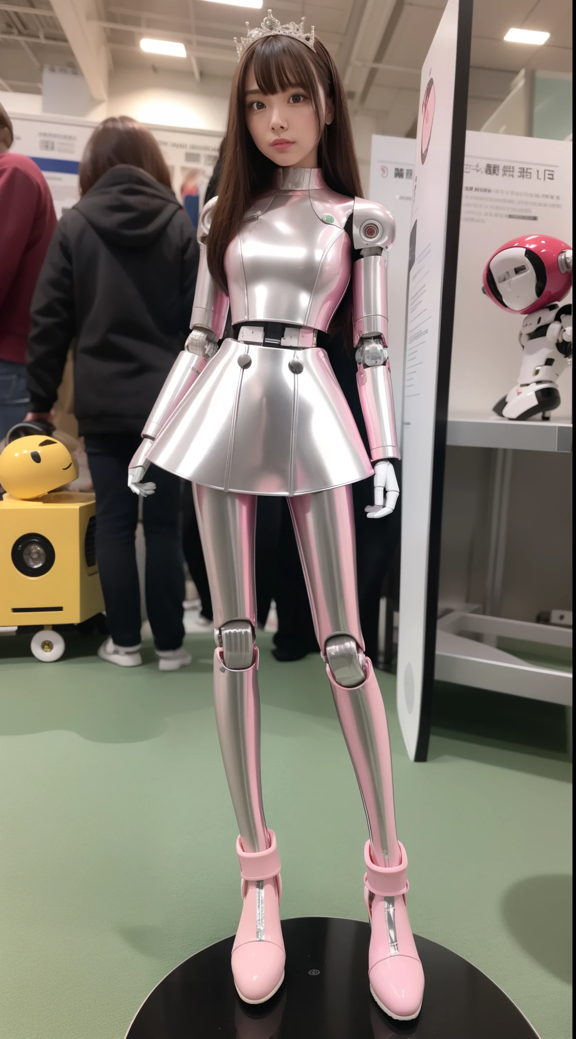 Robot Girl, pink there, Silver, Metallic body, Robot Parts, Metal Parts, Super Detailed Face, Super well-formed face, of the highest quality, a small face, a small head, Brown hair, Slender body, Camera gaze, Internal Mechanical Exposure, Idol, front facing, Well-proportioned body, sale, exhibition, Event Hall, Moe Pose, pink metallic Princess Dress Machine Armor, Standing with legs open, Model body type, sad, Embarrassing,(Perfect Robot Girl),(Perfect machine body)