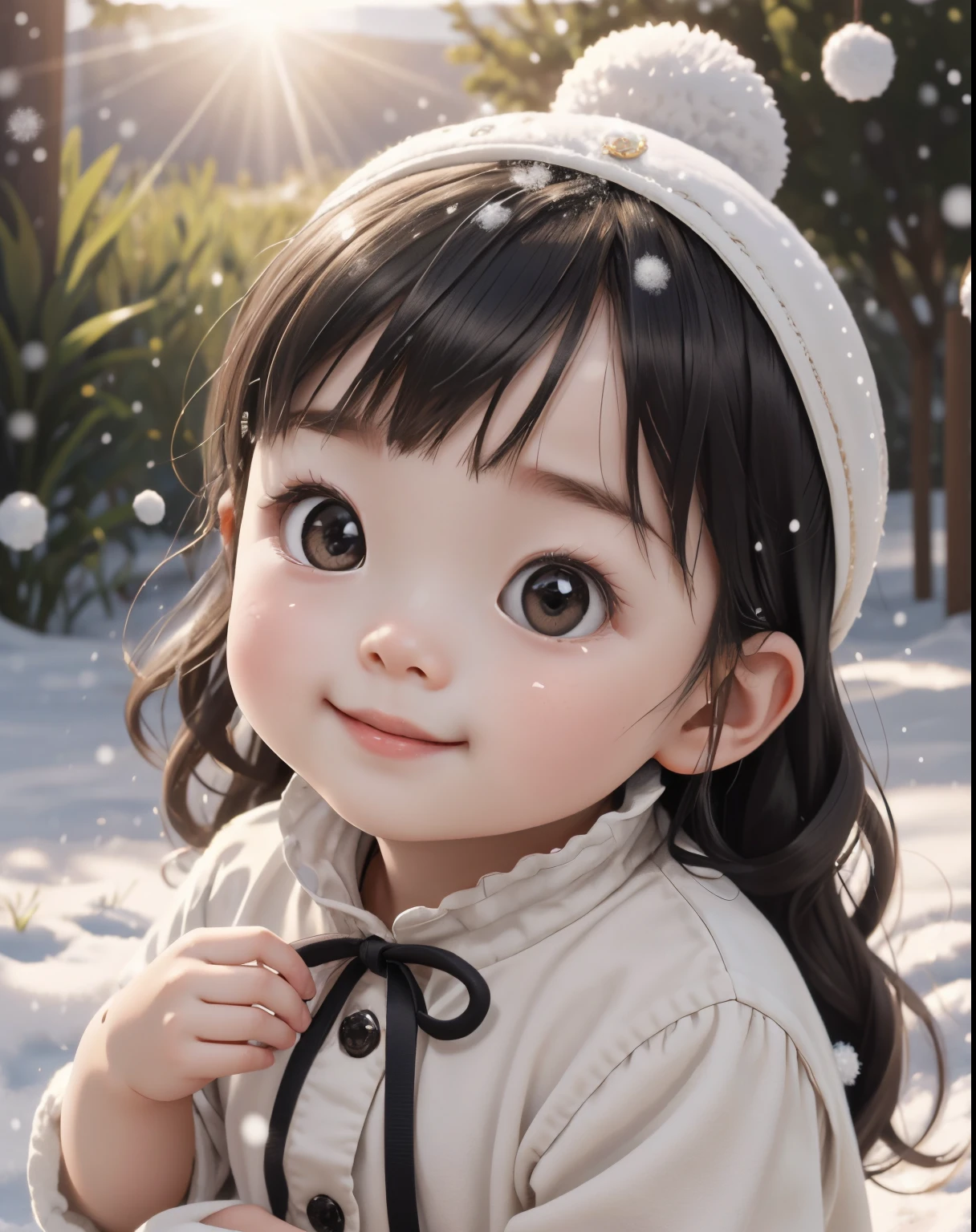 best qualtiy，1girll， a ， ssmile， adolable， C4D，This cute baby faceon a young girl。Her face is petite and delicate，It reveals an atmosphere of youth and innocence。Her complexion was as white as snow，It appears pure and transparent in sunlight。