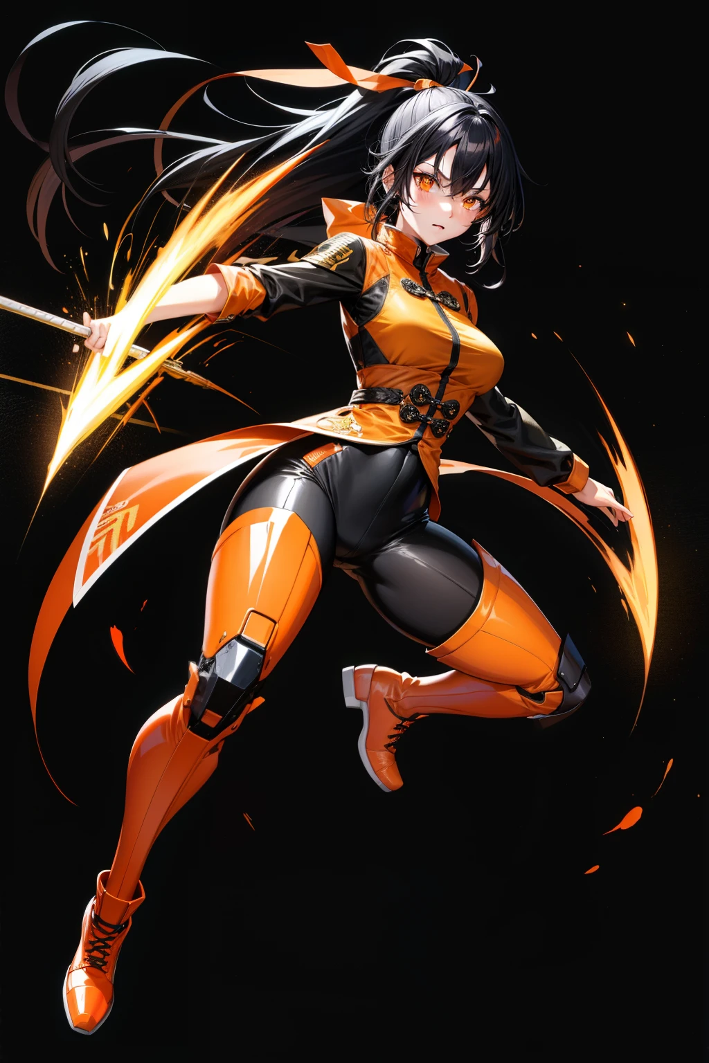 cute girl, Her hair is black, her eyes are black, and she wears orange combat gear, full body, sexy body, sexy, Kungfu clothes, old clothes, Combat movement