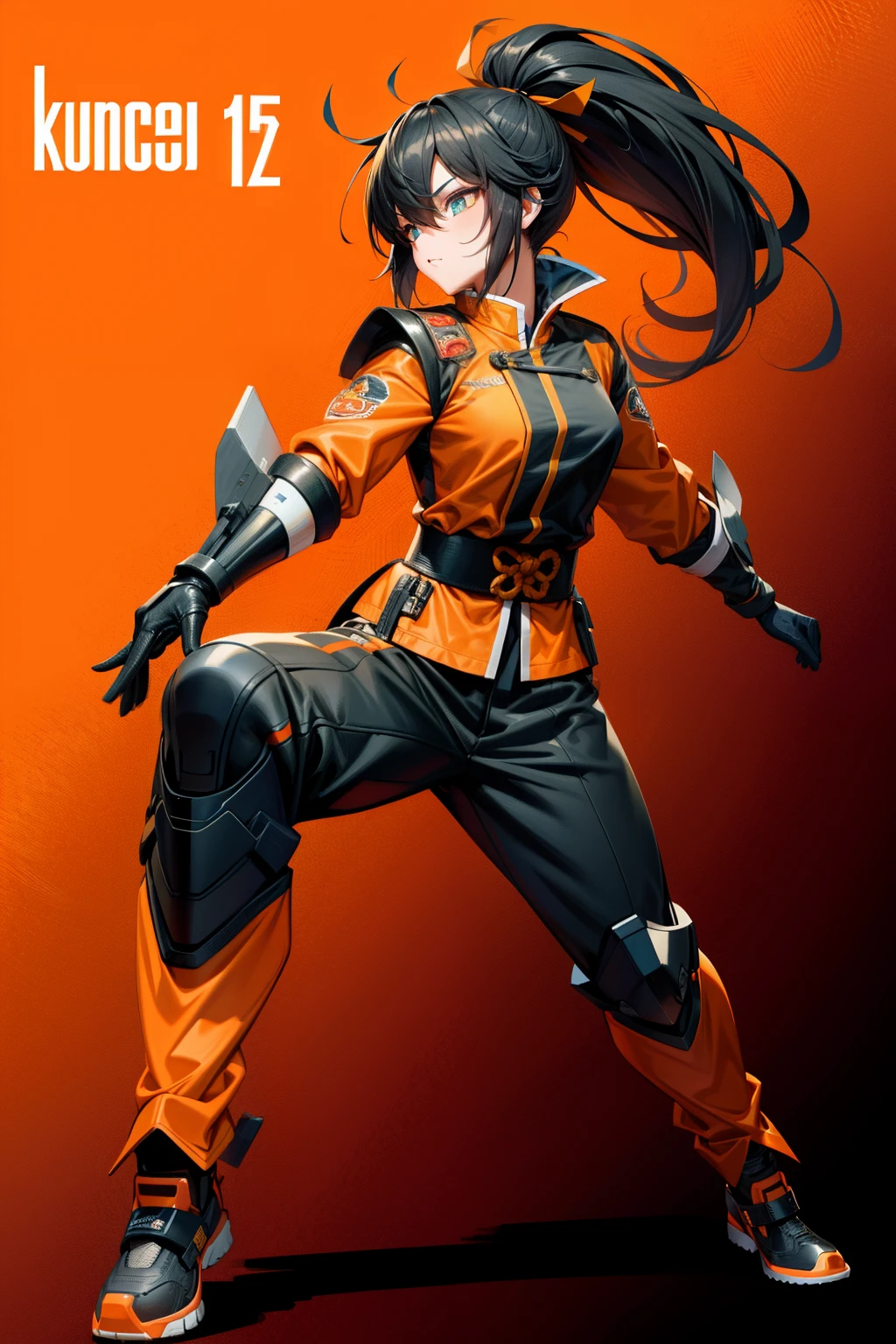 cute girl, Her hair is black, her eyes are black, and she wears orange combat gear, full body, sexy body, sexy, Kungfu clothes, old clothes, Combat movement