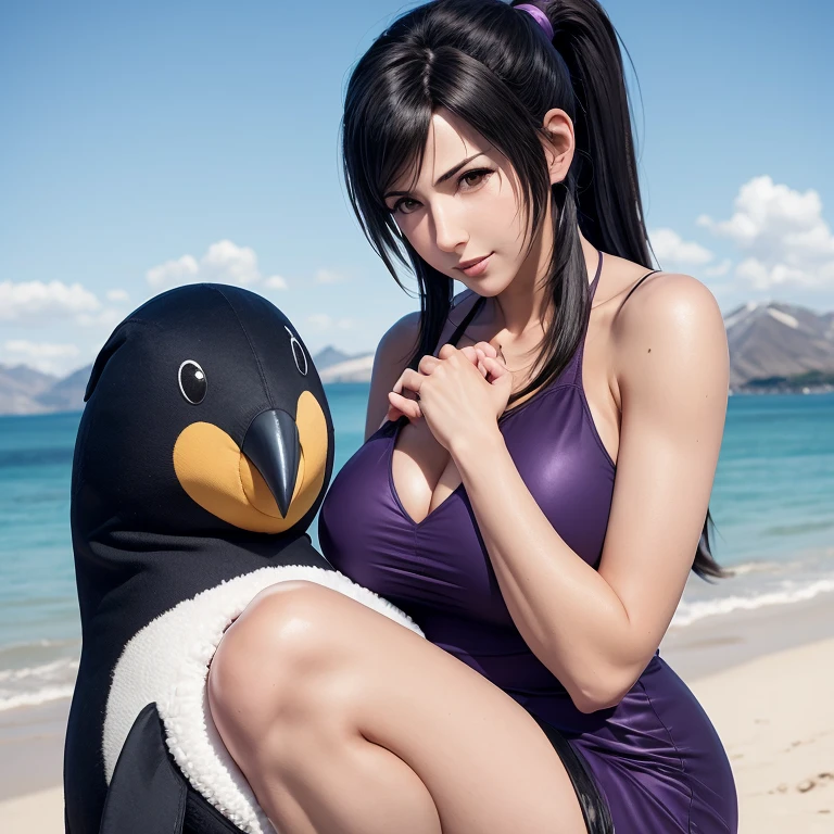 Adult woman, Tifa Lockheart final Fantasy 7 ,hugging a stuffed penguin, purple dress, longhair, ponytail, Big chest, Clivage, alluring look, blushing, somewhere in nature, outside