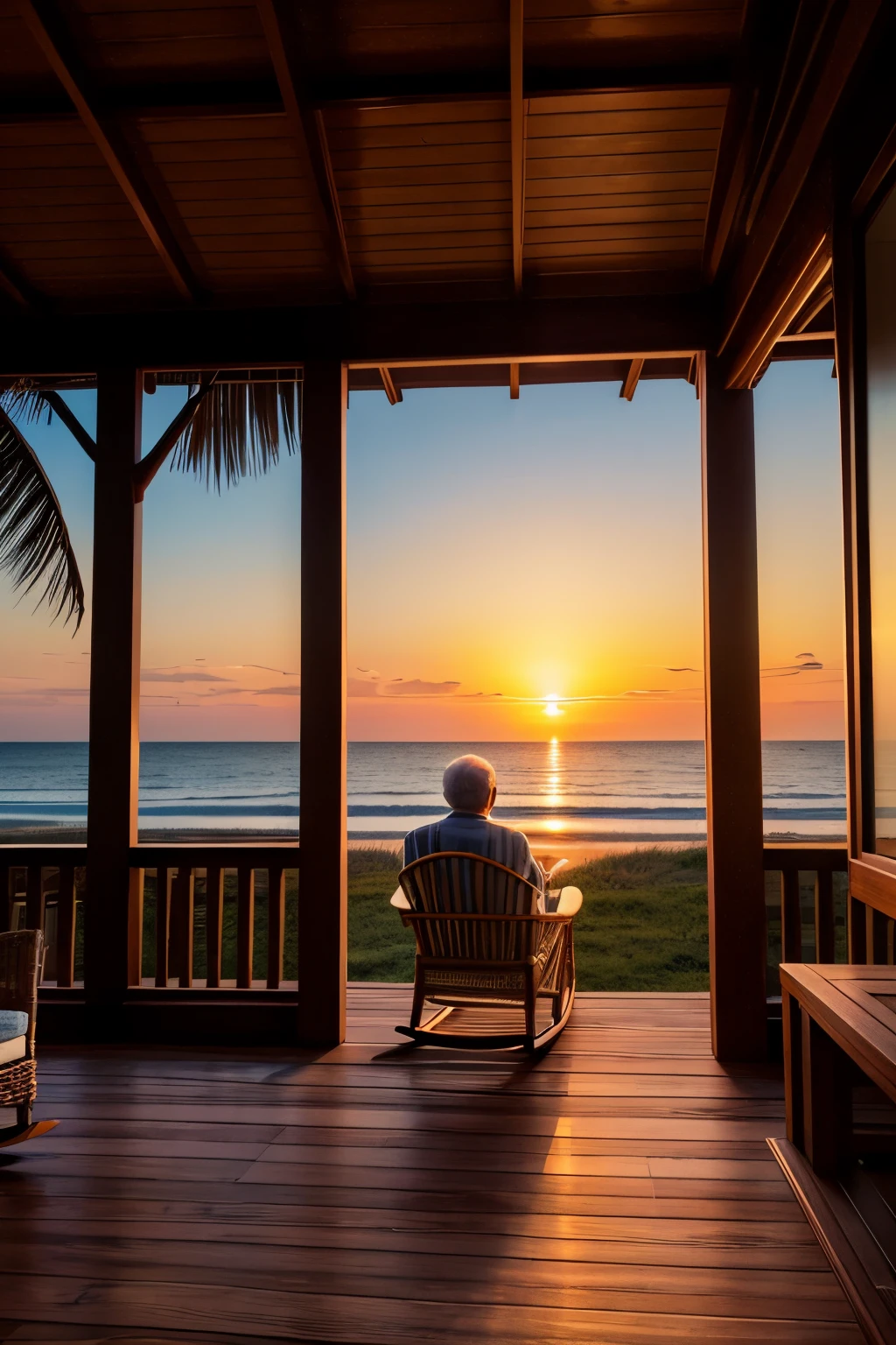 lodge, The sea, an old man, open veranda, wicker rocking chair, blanket, contemplation, horizon, Sundown, illustartion, hiquality, ultradetail, realistness, bright colours, scenery, Warm color tone, soft-lighting.