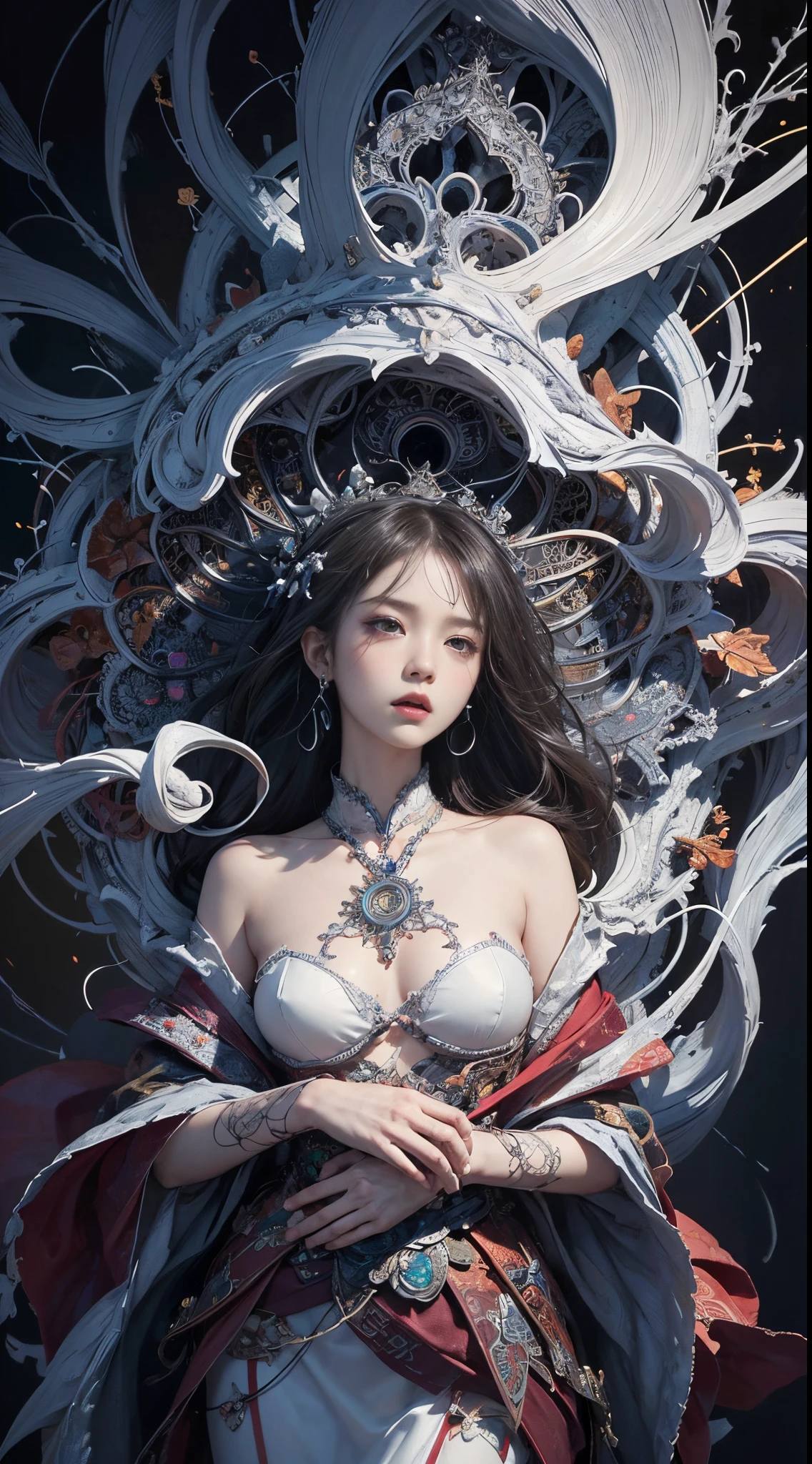 official art, unity 8k wallpaper, ultra detailed, beautiful and aesthetic, masterpiece, best quality, (zentangle, mandala, tangle, entangle), (fractal art:1.3) , 1girl, extremely detailed, dynamic angle, cowboyshot, the most beautiful form of chaos, elegant, a brutalist designed, vivid colours, romanticism, by james jean, roby dwi antono, ross tran, francis bacon, michal mraz, adrian ghenie, petra cortright, gerhard richter, takato yamamoto, ashley wood, atmospheric, ecstasy of musical notes, streaming musical notes visible