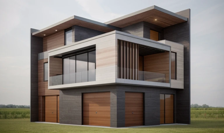 modernvilla,woodandbrick,cloud,trees,vine,architecture,building,vivid colour,masterpiece,best quality,super detailed,realistic,photorealistic,8k,sharp focus,a photo of a building,day,wood wall,white wall,