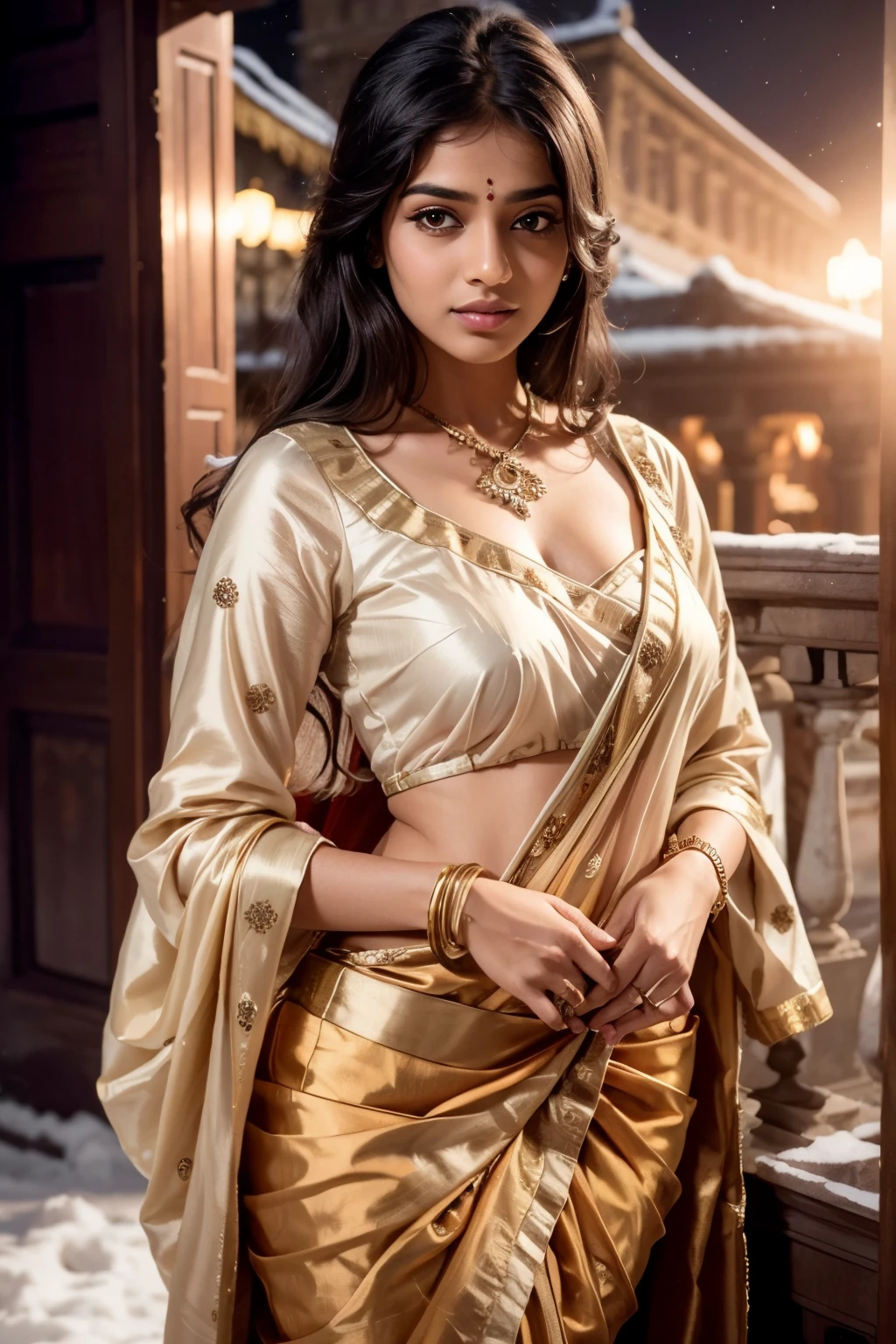 Young Indian woman, sexy blouse and saree, ancient palace, night, detailed body, detailed face, ultra realistic, charming, cute, long curly hair, perfect fingers, ambient lighting, winter, detailed background, 8k