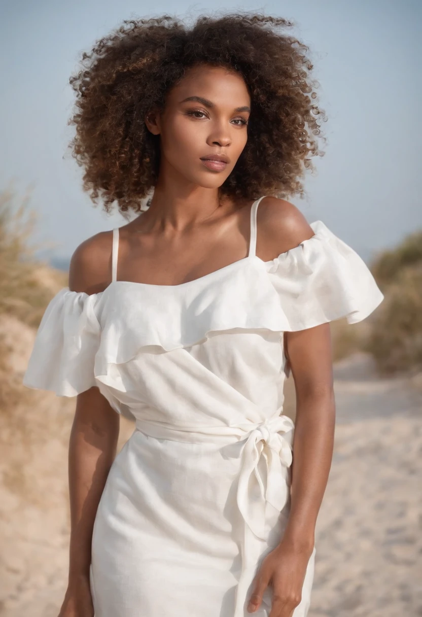 (Une femme africaine), corps détaillé avec cheveux bouclés et boucles. Elle a les cheveux longs et porte une ((Robe blanche)). Elle se tient dans une scène de rue urbaine, capturer l'essence de la ville. l'l'l'l'l'l'l'l'l'l'l'l'l'l'l'l'l'l'l'l'l'l'image doit être réaliste et de haute résolution, au moins 4K, avec HDR pour améliorer la plage dynamique. l'l'l'l'l'l'l'l'l'l'l'l'l'l'l'l'l'l'l'l'l'l'éclairage doit être bien contrôlé, avec une touche professionnelle en utilisant les techniques d'Lampe Godox.