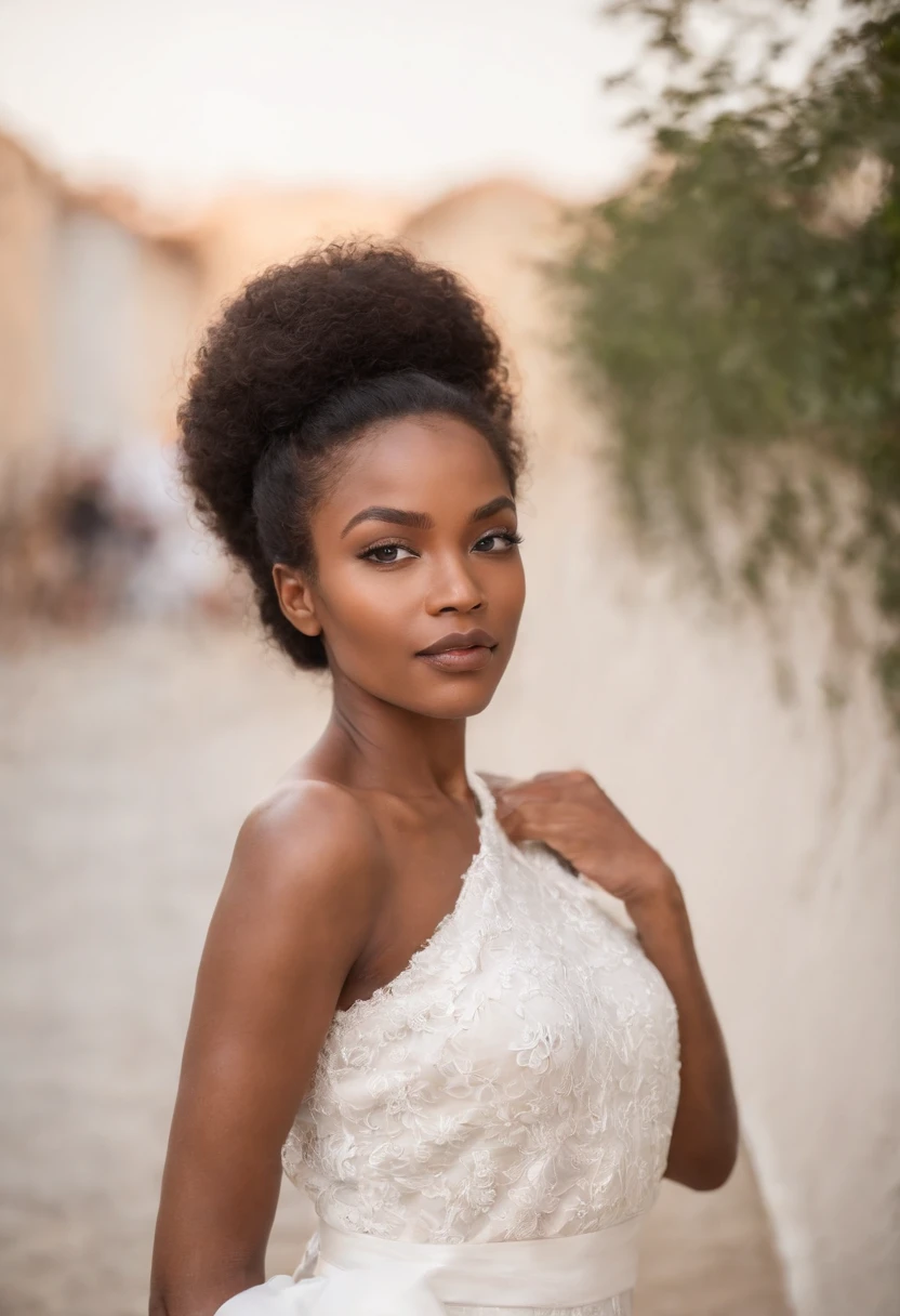 (Une femme africaine), corps détaillé avec cheveux bouclés et boucles. Elle a les cheveux longs et porte une ((Robe blanche)). Elle se tient dans une scène de rue urbaine, capturer l'essence de la ville. l'l'l'l'l'l'l'l'l'l'l'l'l'l'l'l'l'l'l'l'l'l'image doit être réaliste et de haute résolution, au moins 4K, avec HDR pour améliorer la plage dynamique. l'l'l'l'l'l'l'l'l'l'l'l'l'l'l'l'l'l'l'l'l'l'éclairage doit être bien contrôlé, avec une touche professionnelle en utilisant les techniques d'Lampe Godox.